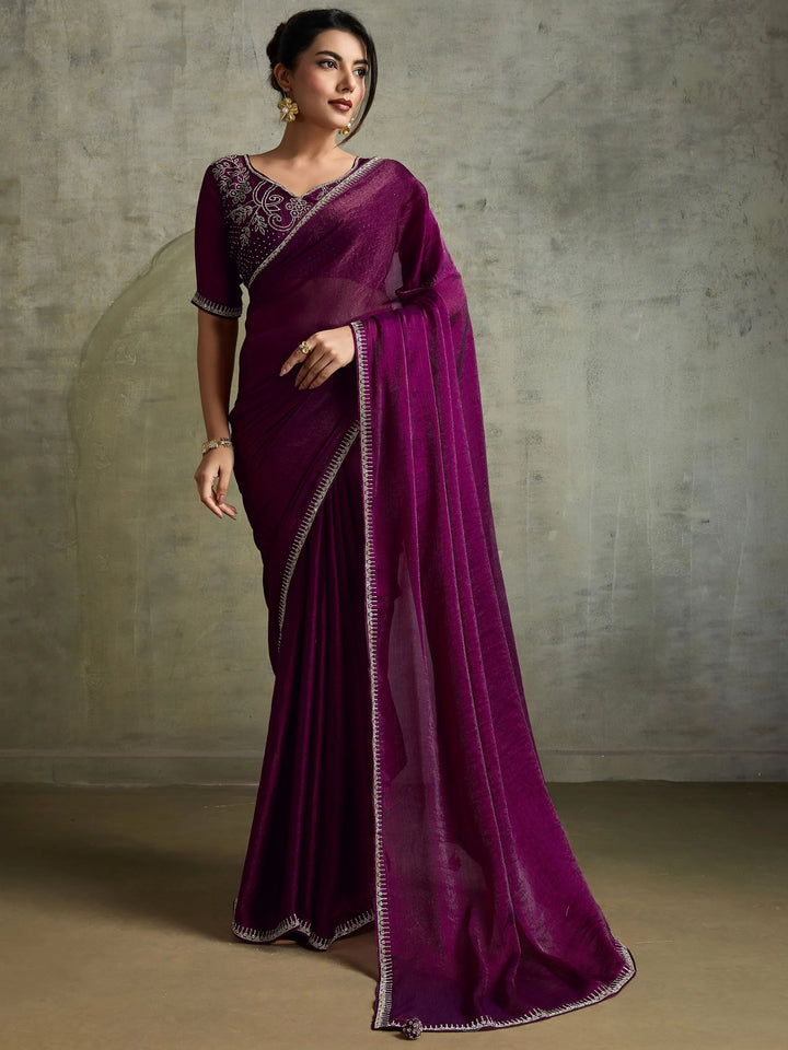 Incredible Wine Chiffon Designer Saree With Jarkan Work Blouse