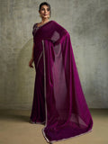 Incredible Wine Chiffon Designer Saree With Jarkan Work Blouse
