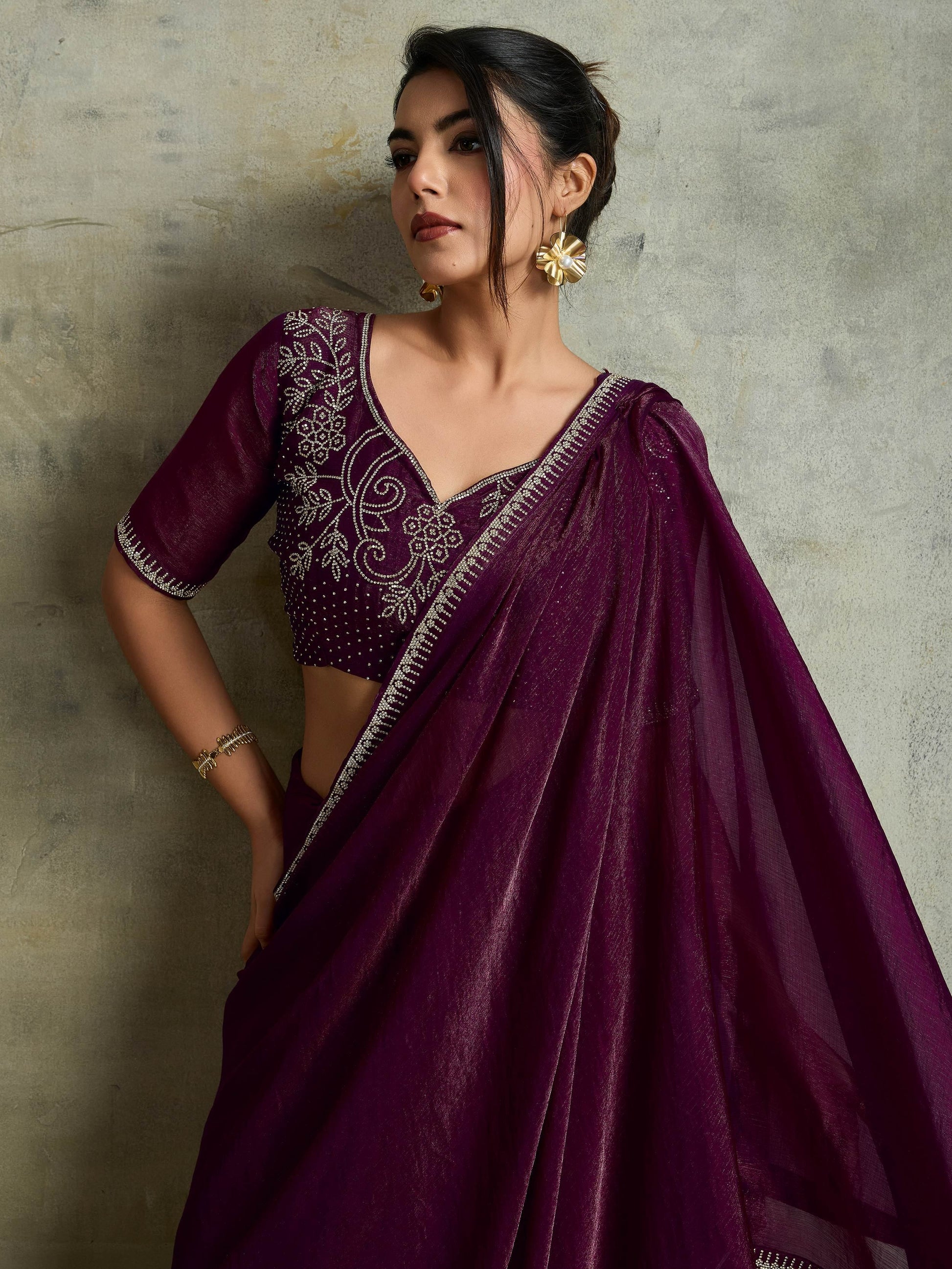 Incredible Wine Chiffon Designer Saree With Jarkan Work Blouse