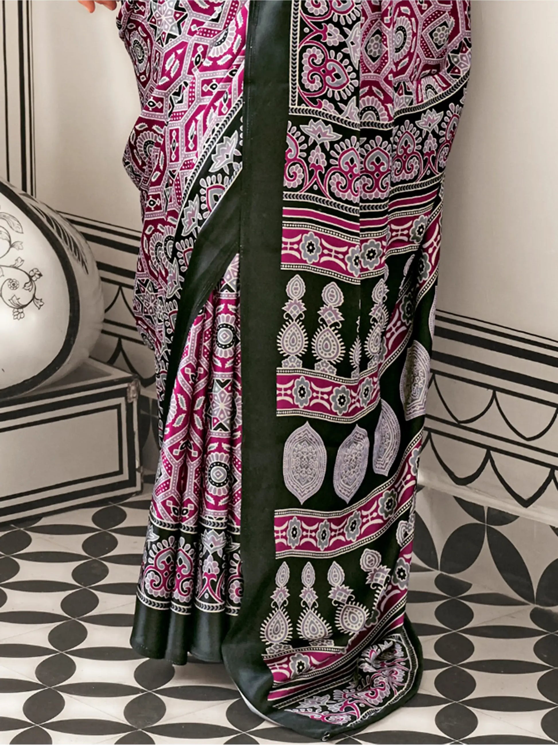 Incredible Wine Digital Printed Satin Event Wear Saree With Blouse - Zeel Clothing