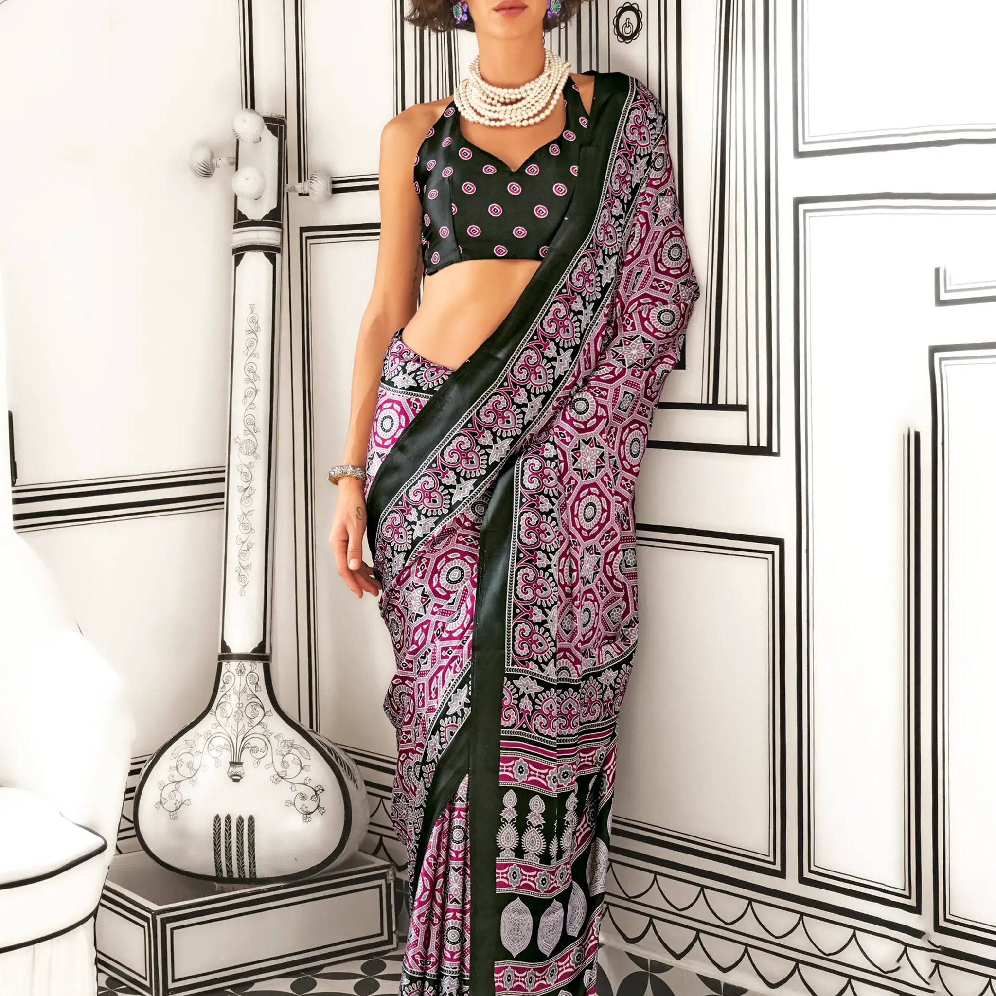 Incredible Wine Digital Printed Satin Event Wear Saree With Blouse - Zeel Clothing