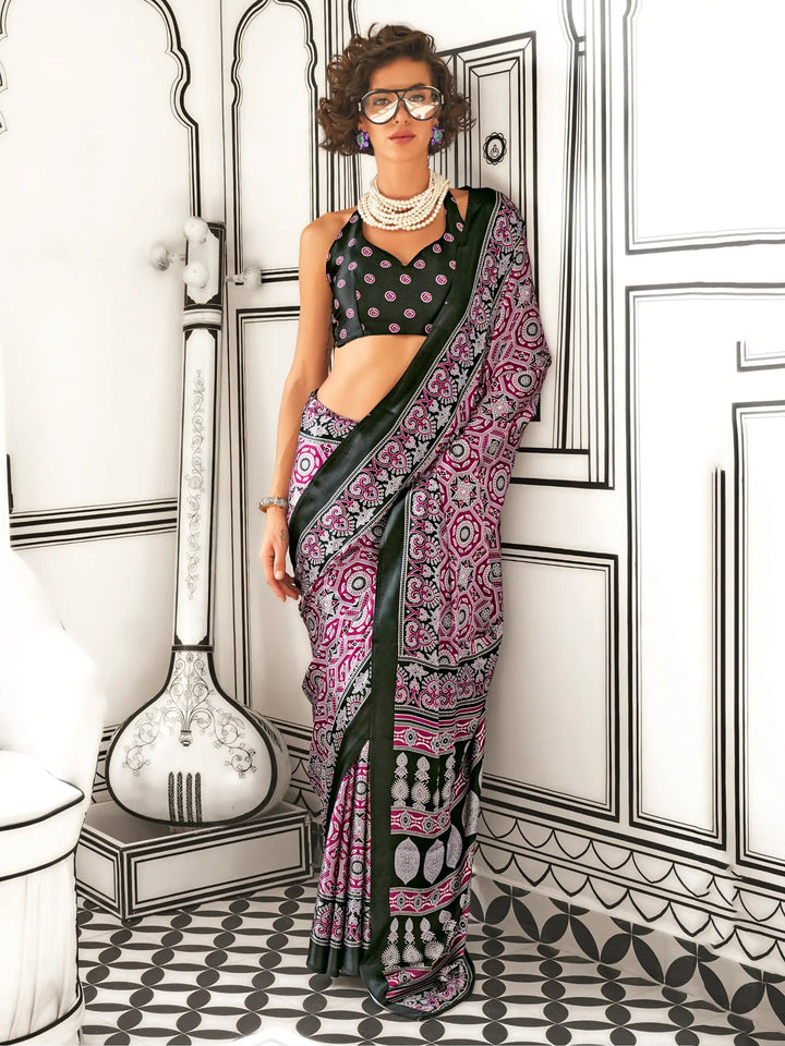 Incredible Wine Digital Printed Satin Event Wear Saree With Blouse - Zeel Clothing