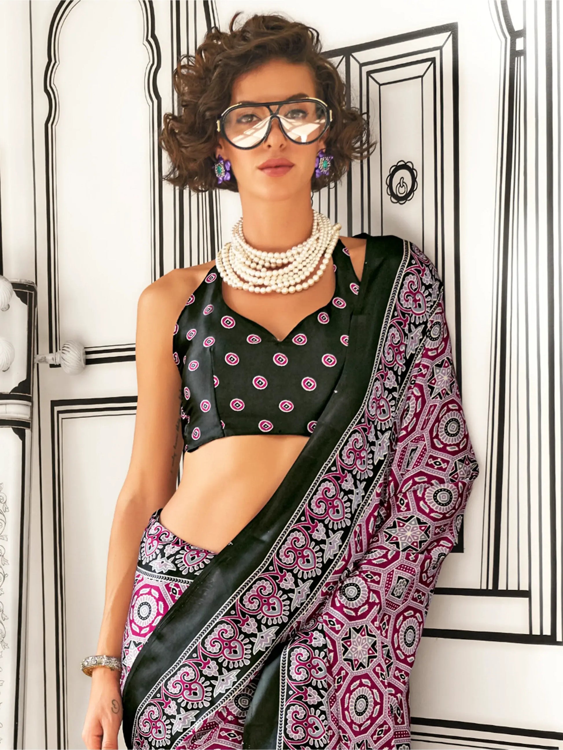 Incredible Wine Digital Printed Satin Event Wear Saree With Blouse - Zeel Clothing