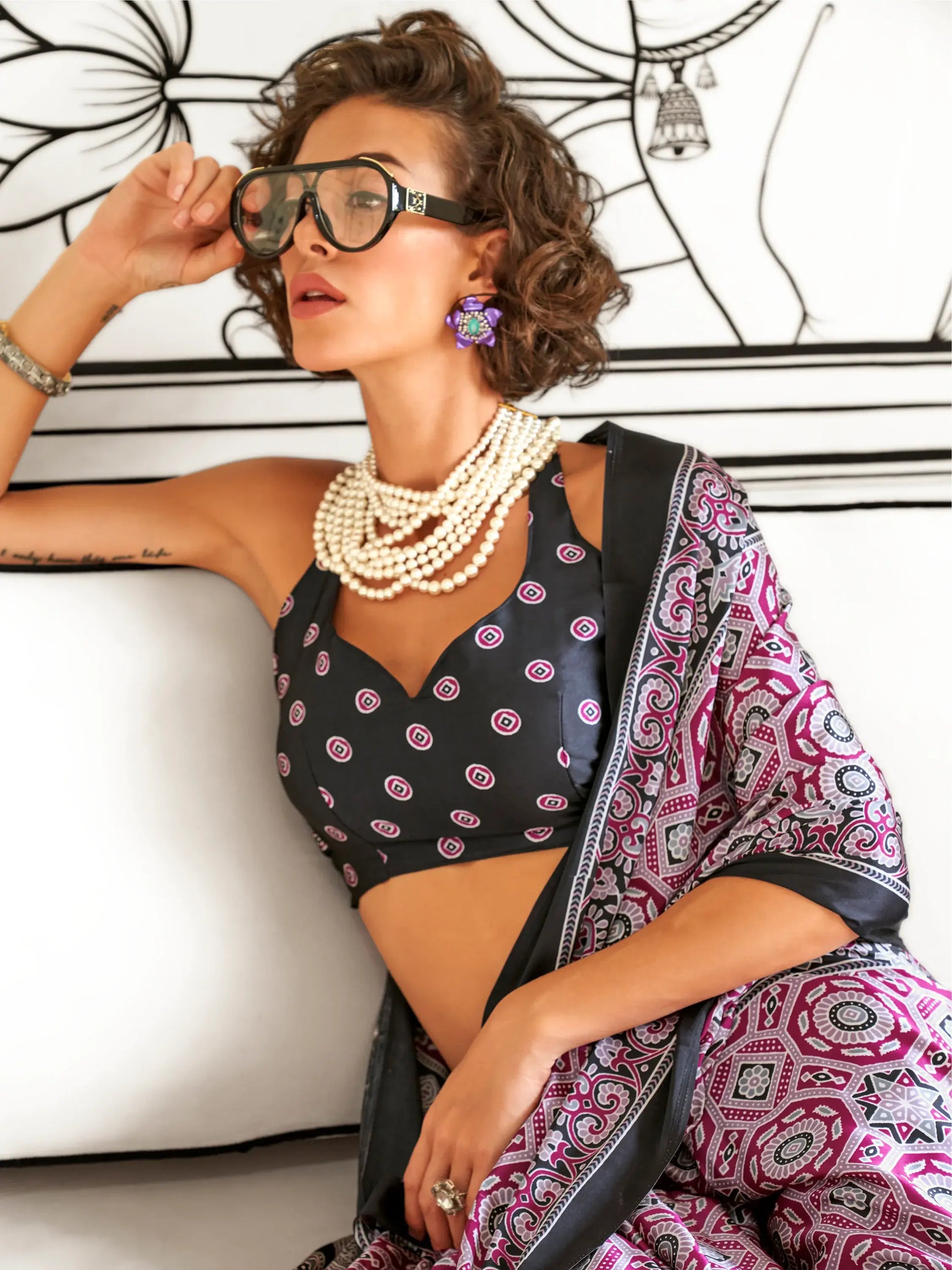 Incredible Wine Digital Printed Satin Event Wear Saree With Blouse - Zeel Clothing
