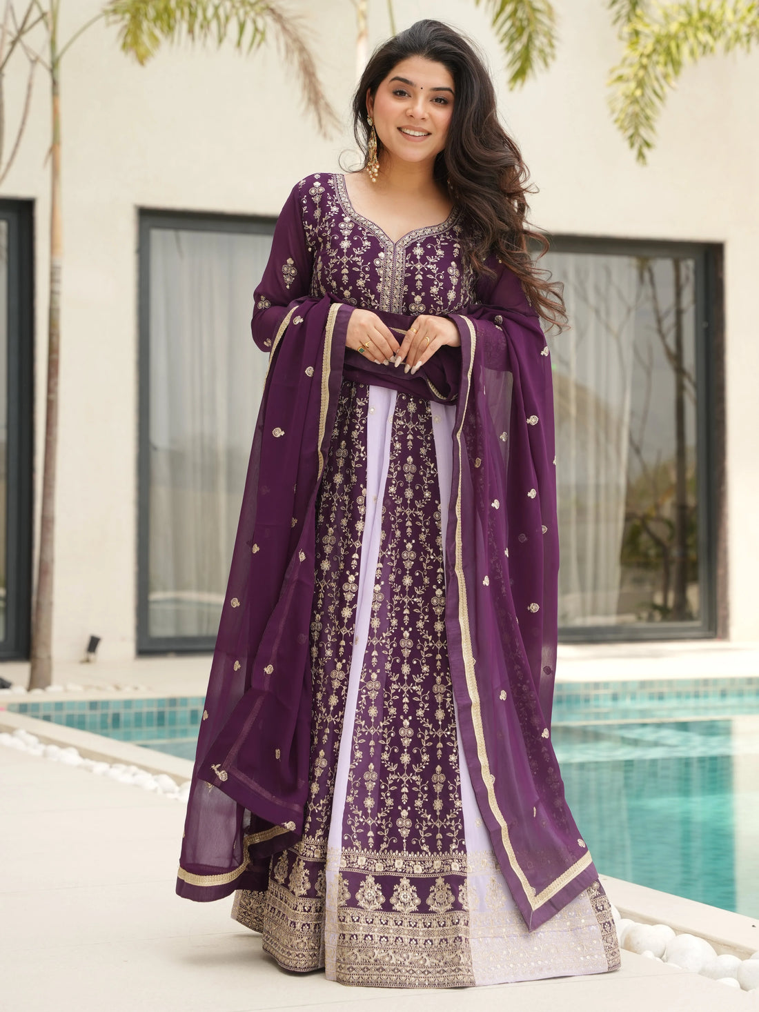 Incredible Wine Sequins Work Georgette Event Wear Gown With Dupatta - Zeel Clothing