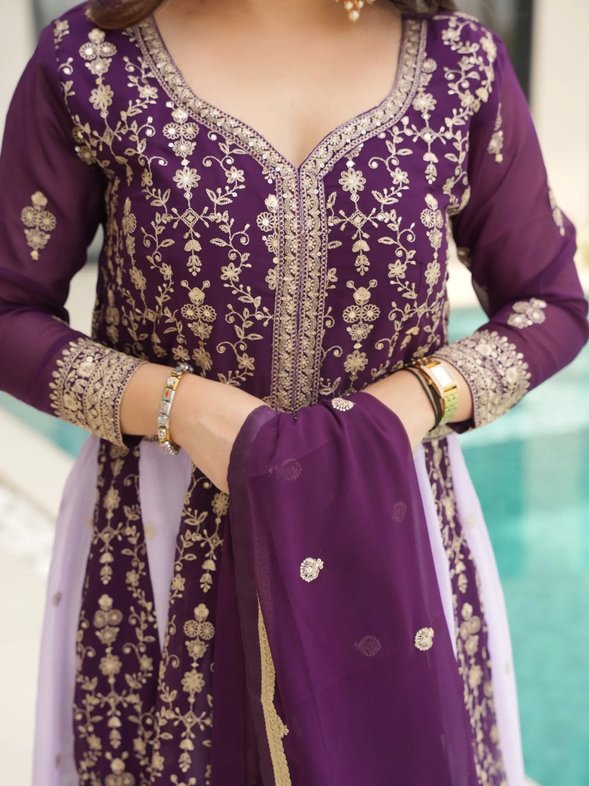 Incredible Wine Sequins Work Georgette Event Wear Gown With Dupatta - Zeel Clothing