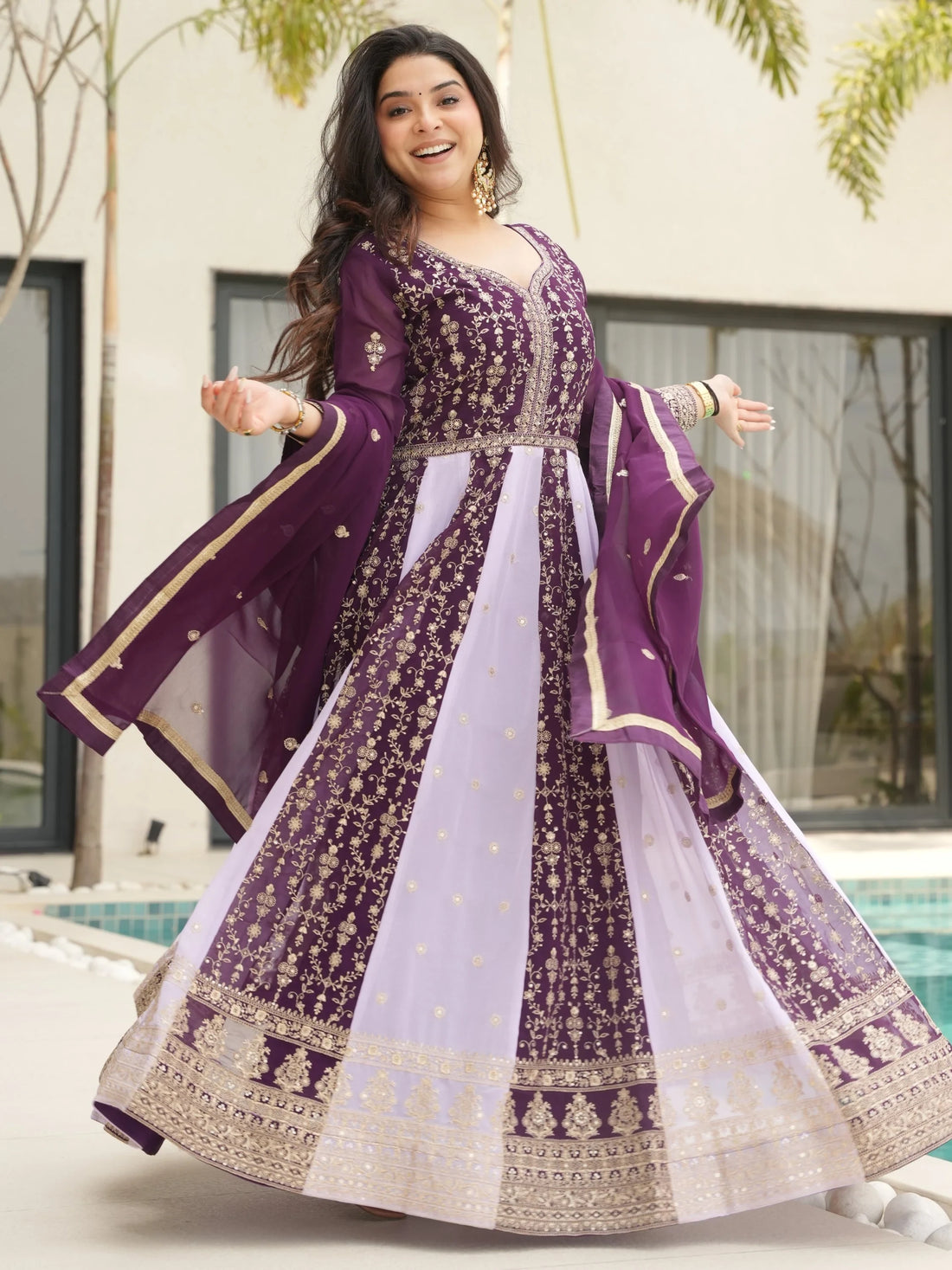 Incredible Wine Sequins Work Georgette Event Wear Gown With Dupatta - Zeel Clothing