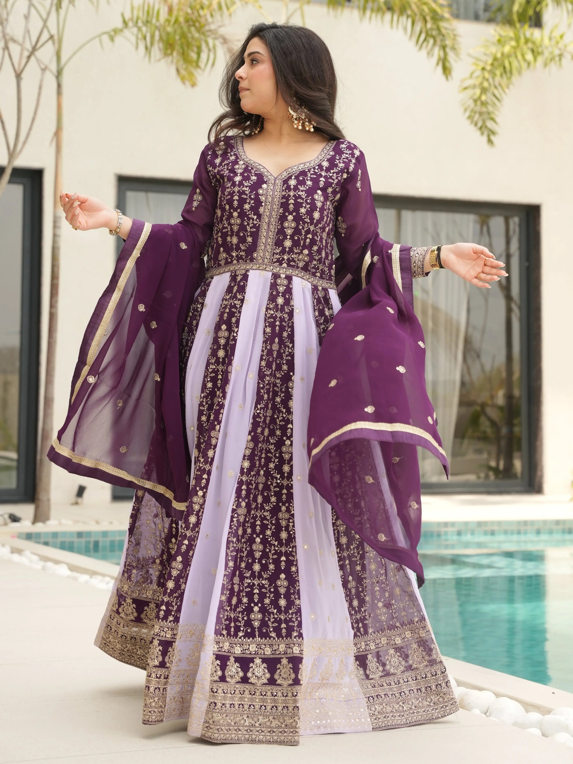 Incredible Wine Sequins Work Georgette Event Wear Gown With Dupatta - Zeel Clothing