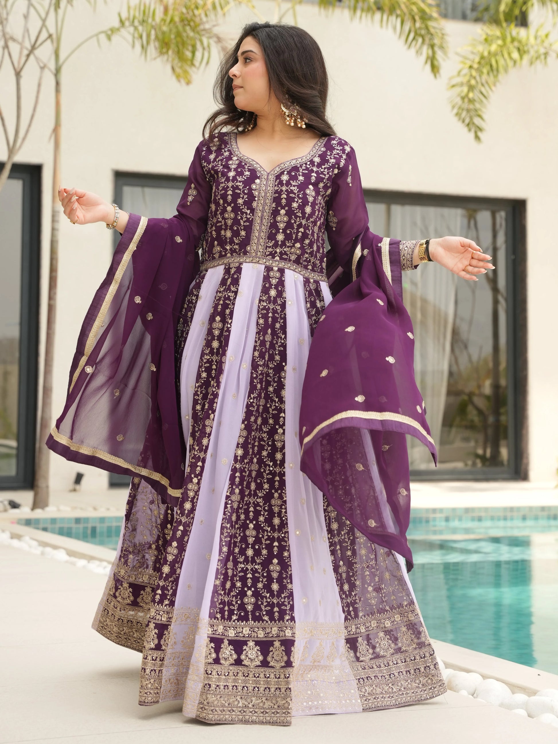 Incredible Wine Sequins Work Georgette Event Wear Gown With Dupatta - Zeel Clothing