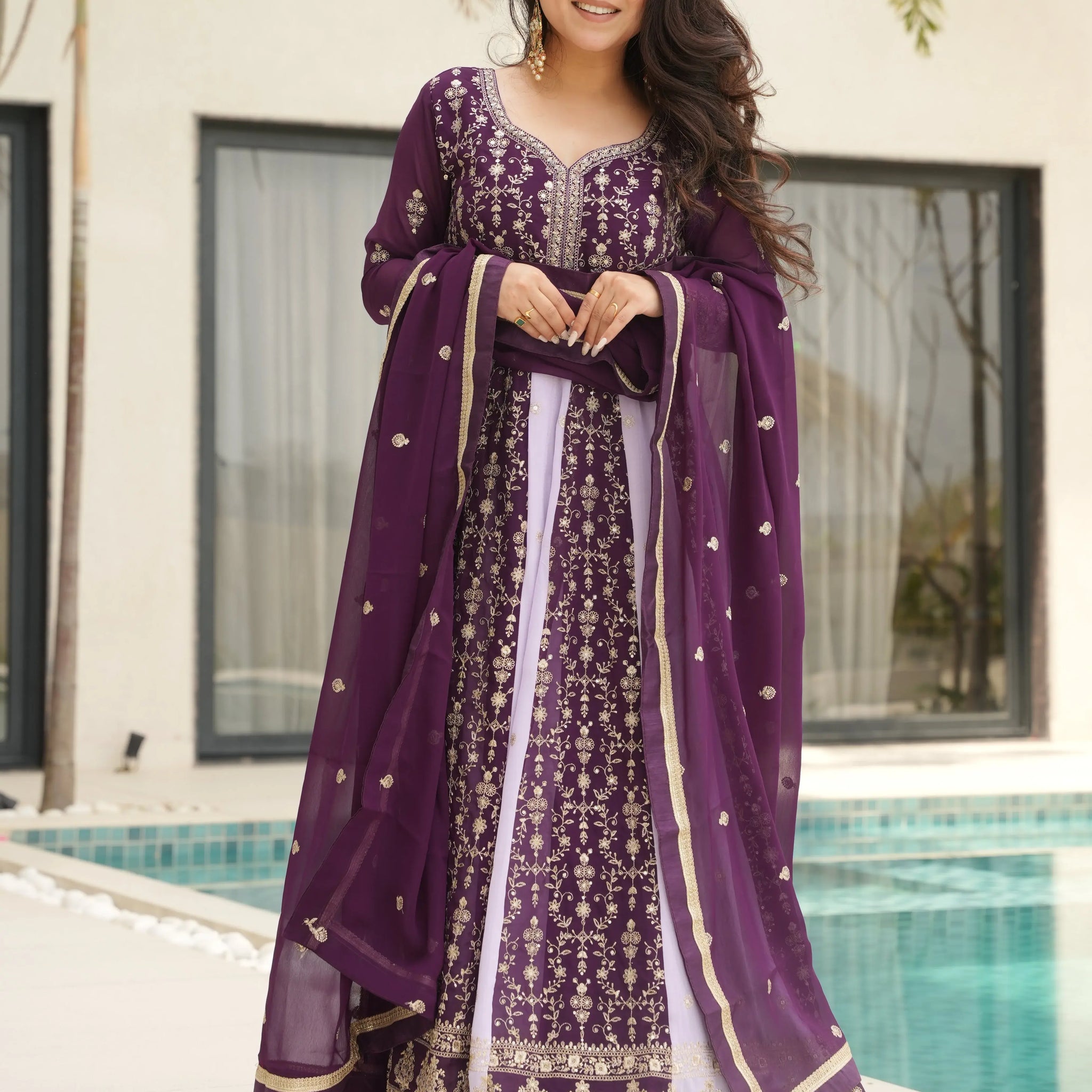 Incredible Wine Sequins Work Georgette Event Wear Gown With Dupatta - Zeel Clothing