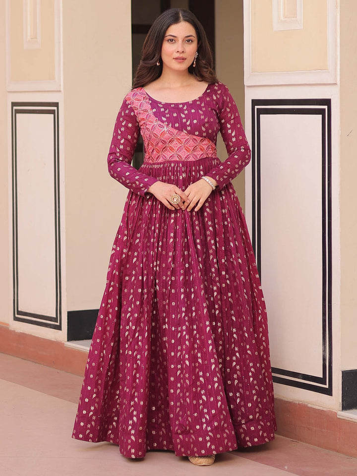 Incredible Wine Zari Weaving Cotton Festival Wear Gown - Zeel Clothing