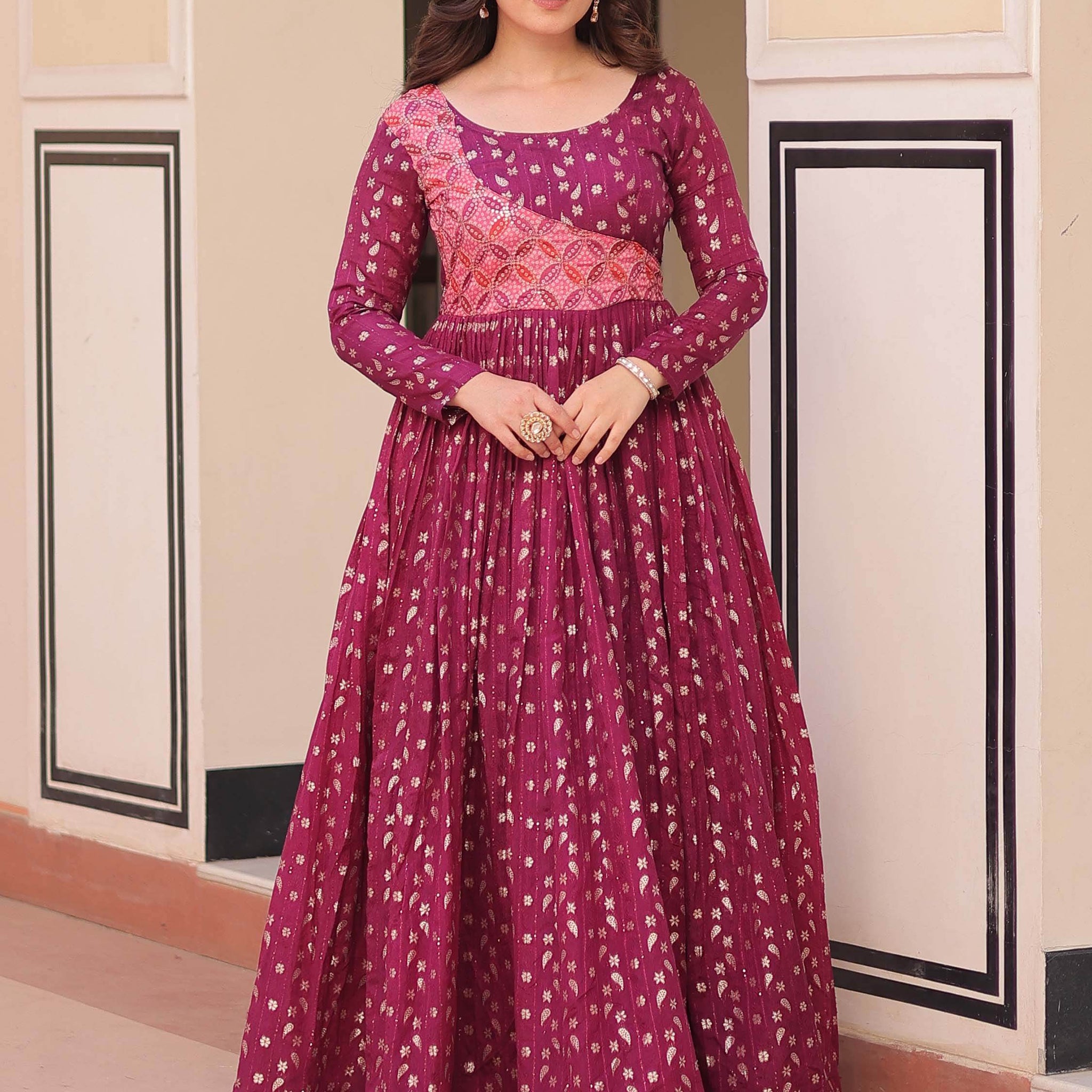 Incredible Wine Zari Weaving Cotton Festival Wear Gown - Zeel Clothing