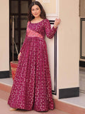 Incredible Wine Zari Weaving Cotton Festival Wear Gown - Zeel Clothing