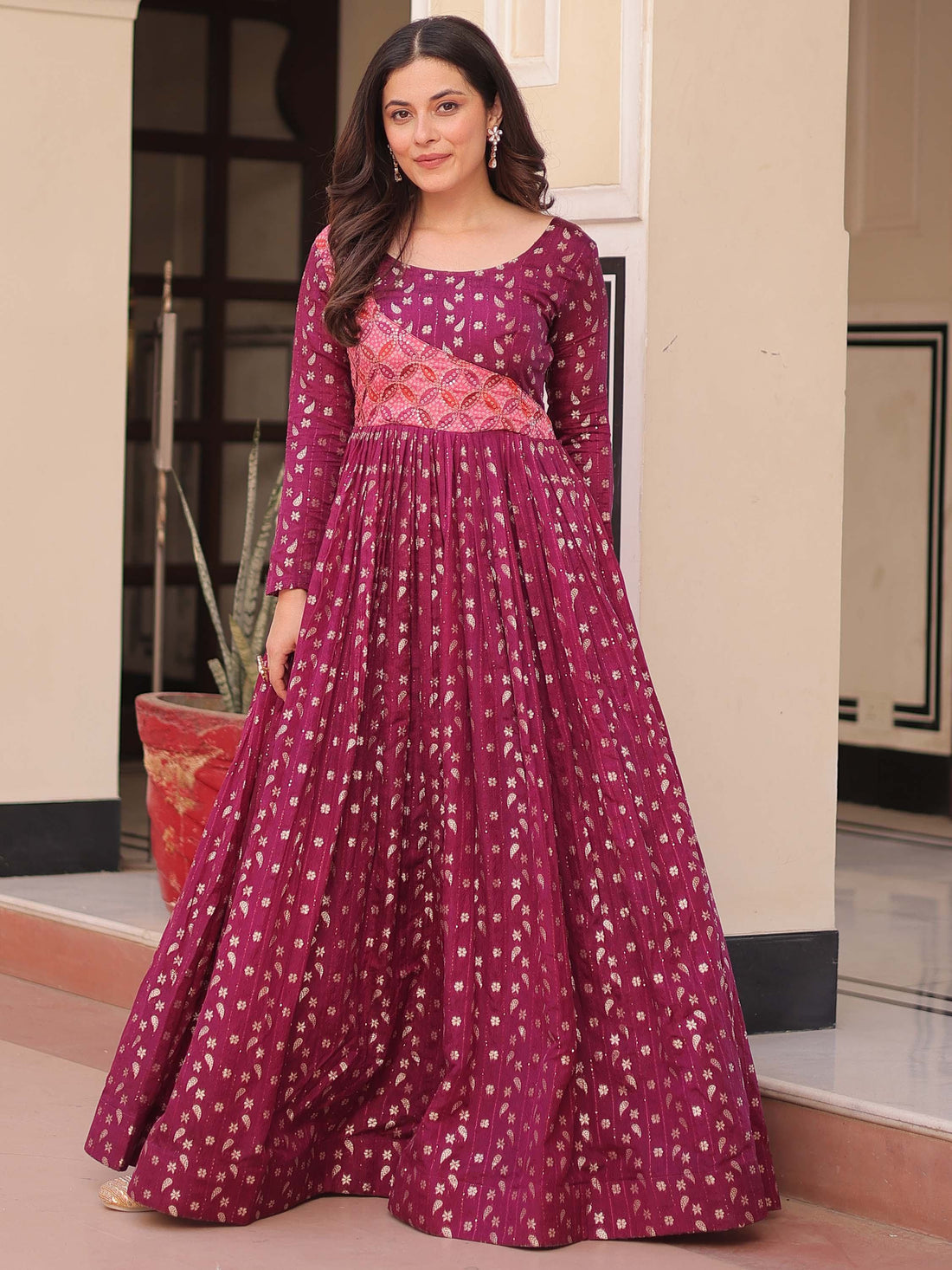 Incredible Wine Zari Weaving Cotton Festival Wear Gown - Zeel Clothing