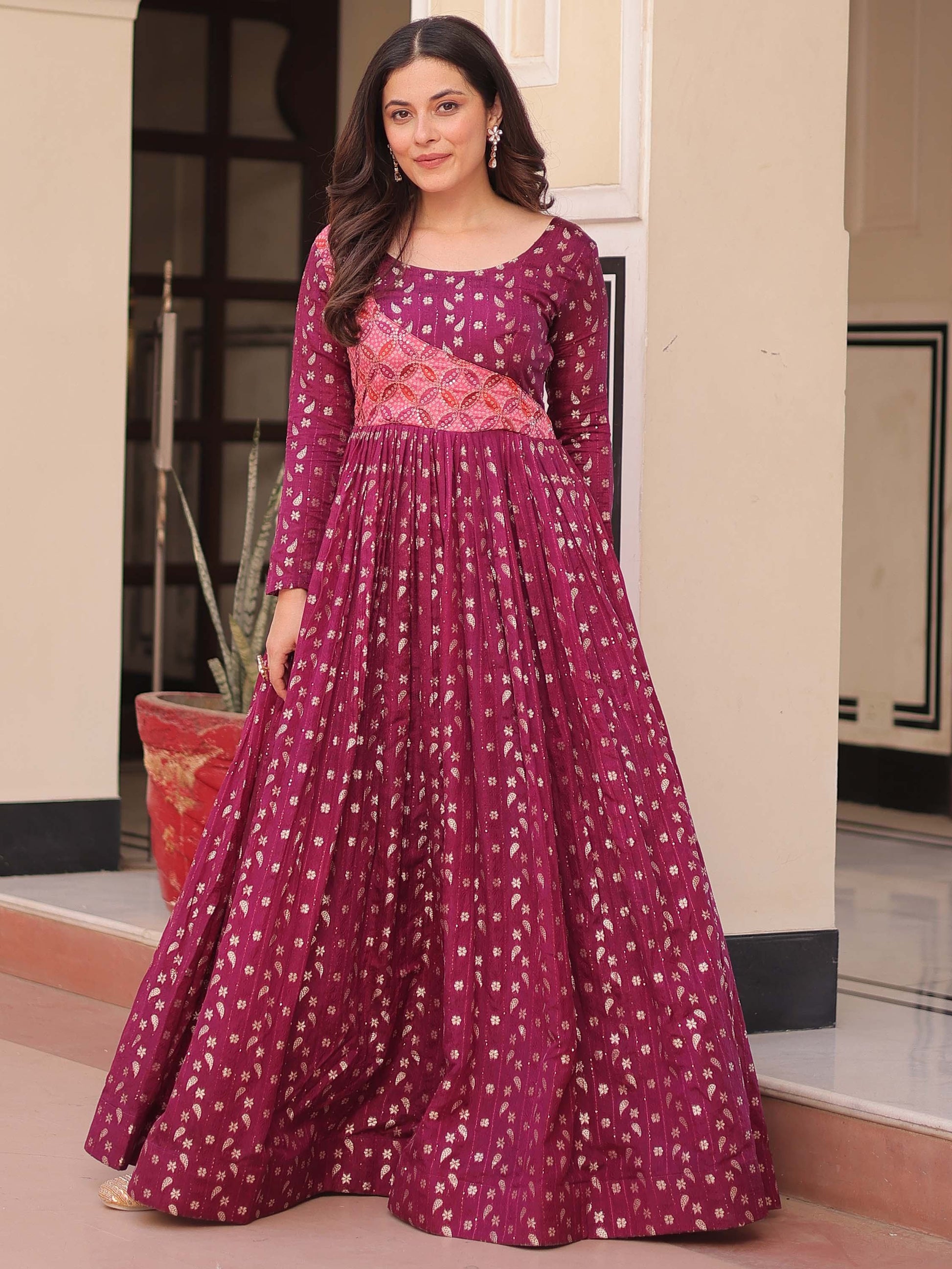 Incredible Wine Zari Weaving Cotton Festival Wear Gown - Zeel Clothing
