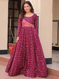Incredible Wine Zari Weaving Cotton Festival Wear Gown - Zeel Clothing