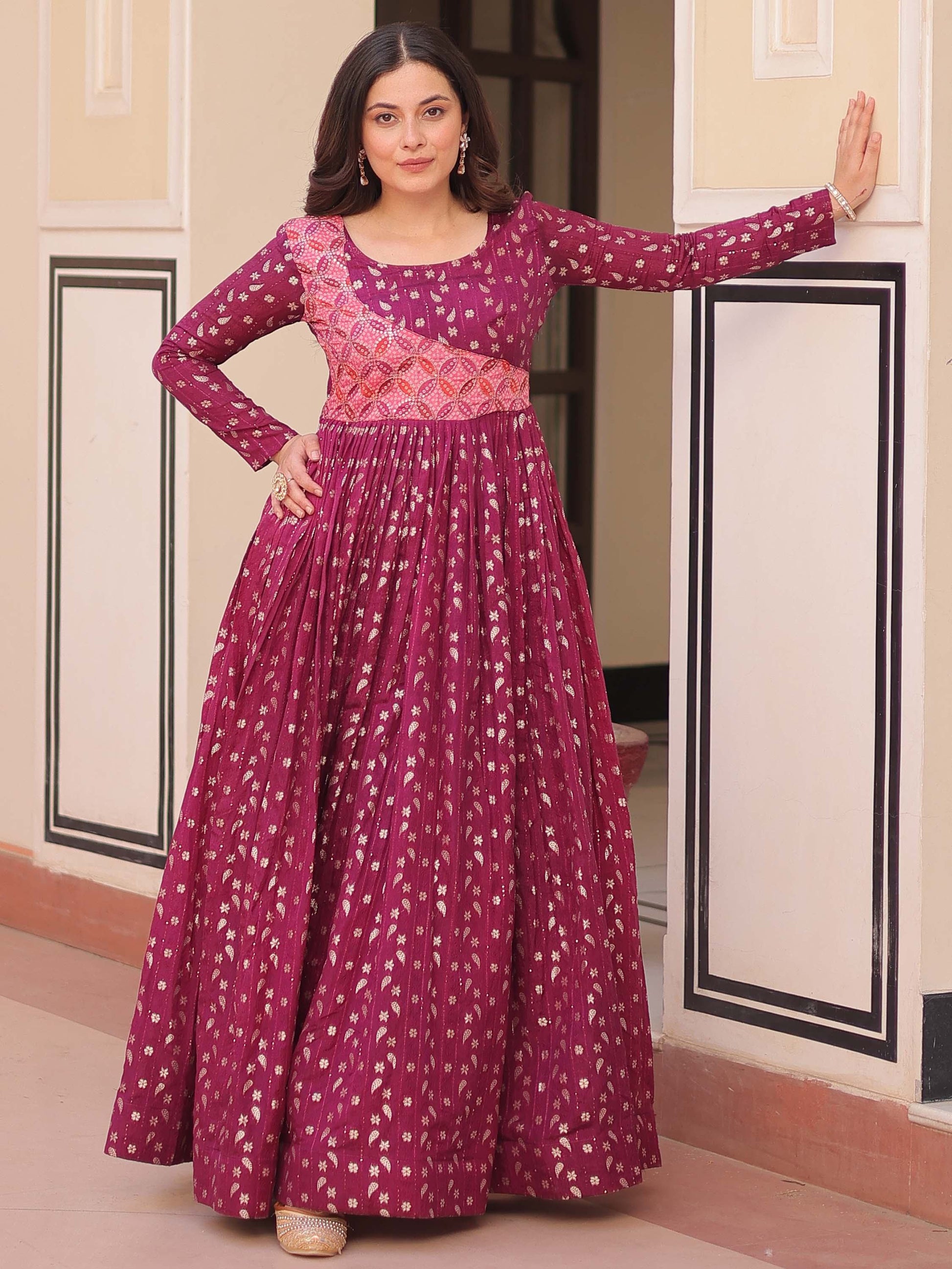 Incredible Wine Zari Weaving Cotton Festival Wear Gown - Zeel Clothing
