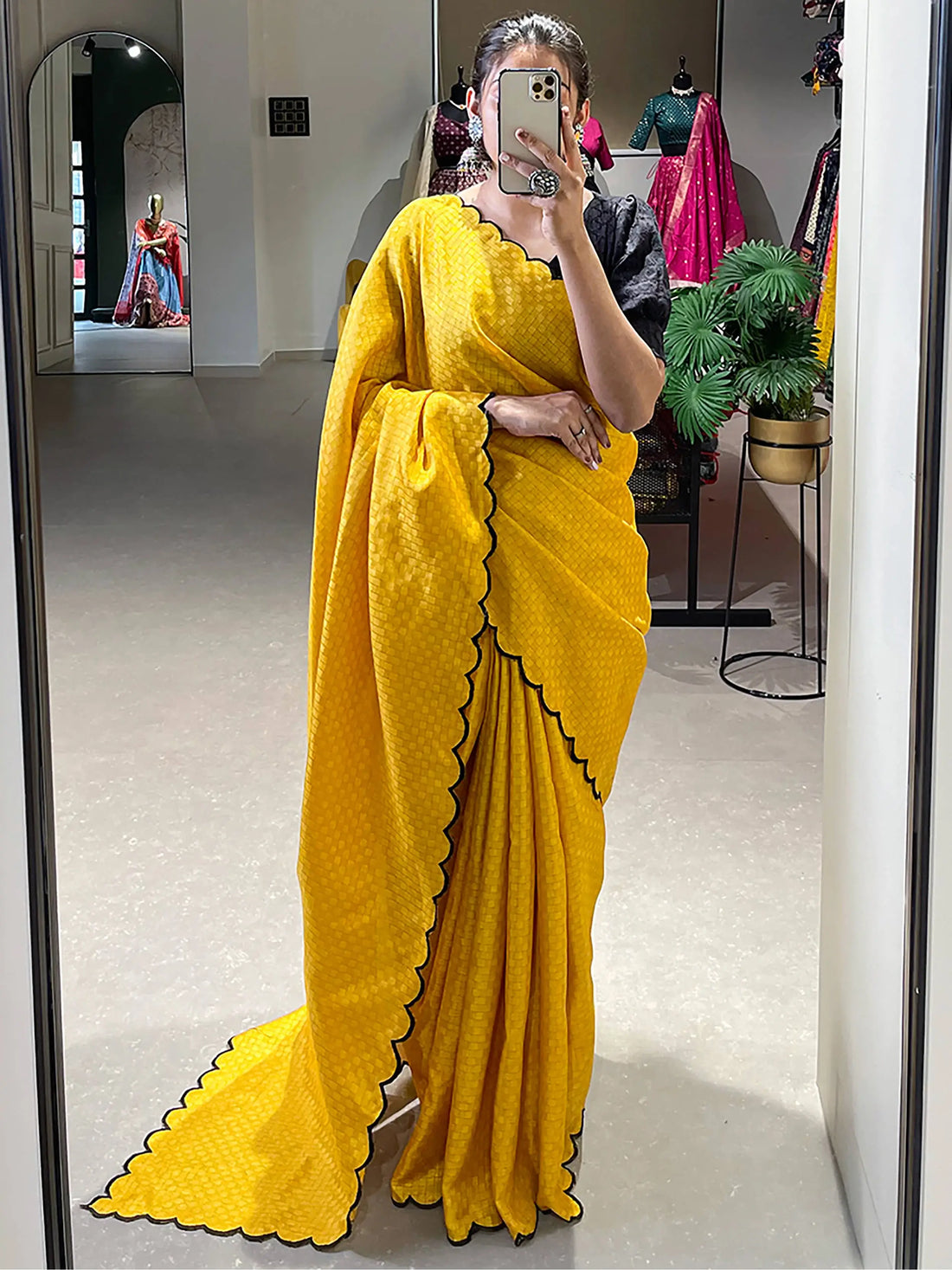 Incredible Yellow Arca Work Gadhawal Chex Traditional Saree - Zeel Clothing