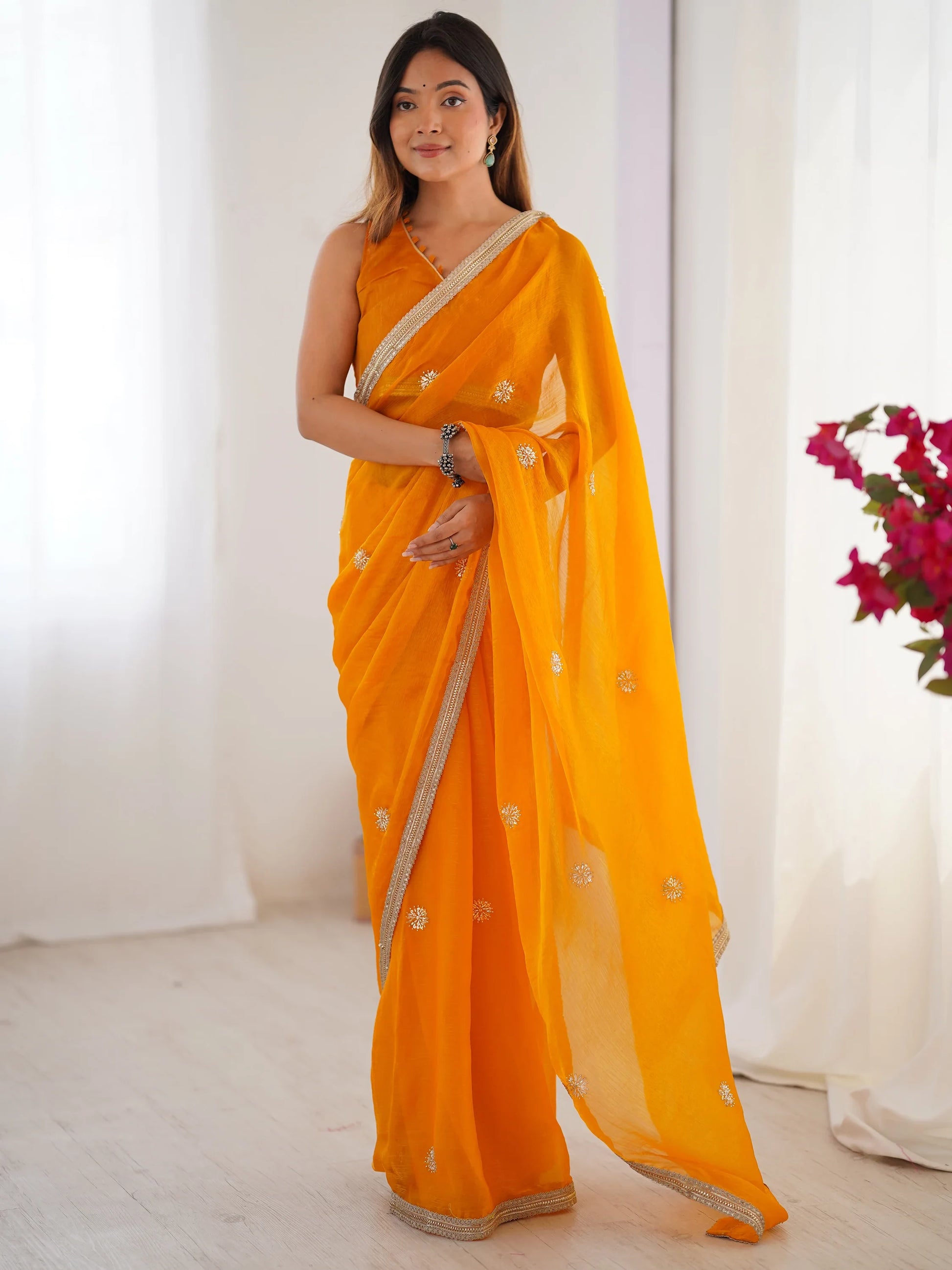 Incredible Yellow Beads Work Silk Festival Wear Saree With Blouse - Zeel Clothing