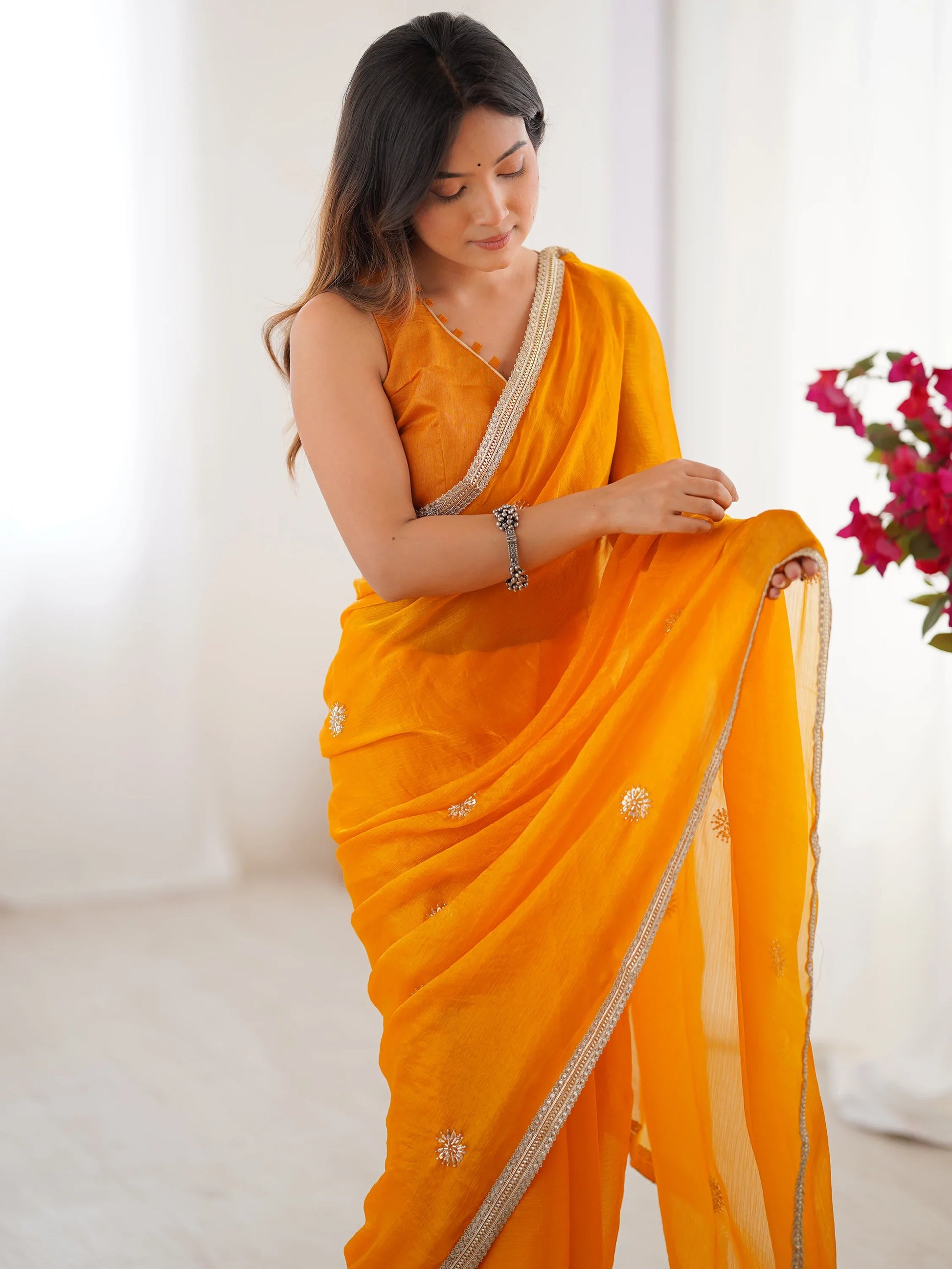 Incredible Yellow Beads Work Silk Festival Wear Saree With Blouse - Zeel Clothing