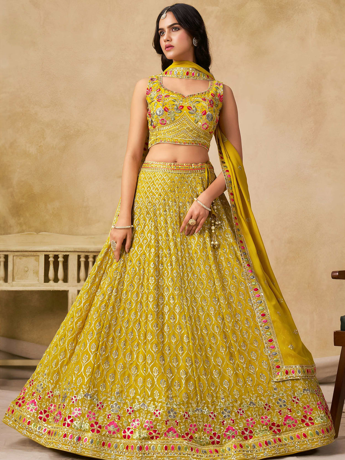 Incredible Yellow Embroidered Georgette Haldi Wear Lehenga Choli With Dupatta