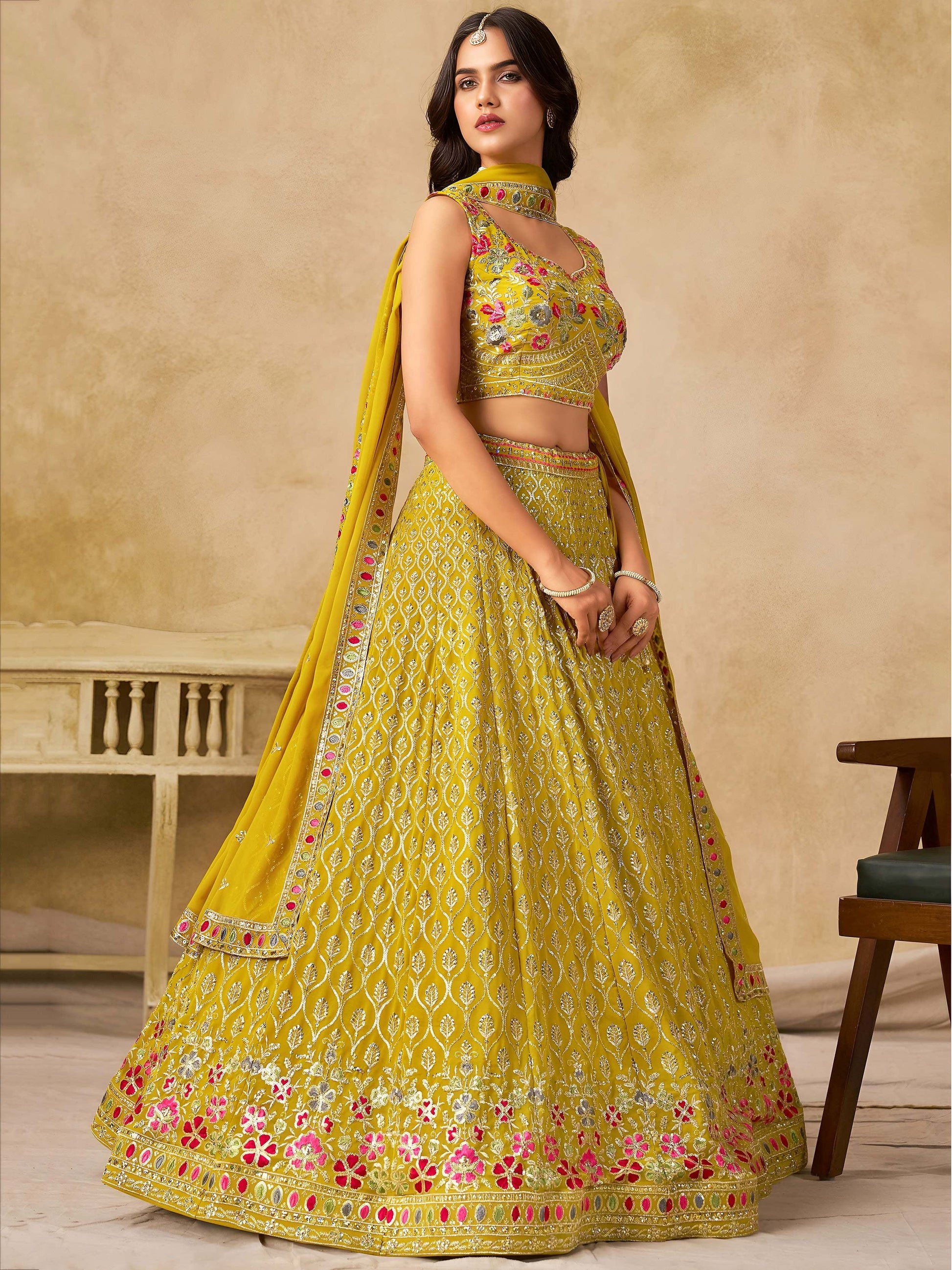 Incredible Yellow Embroidered Georgette Haldi Wear Lehenga Choli With Dupatta