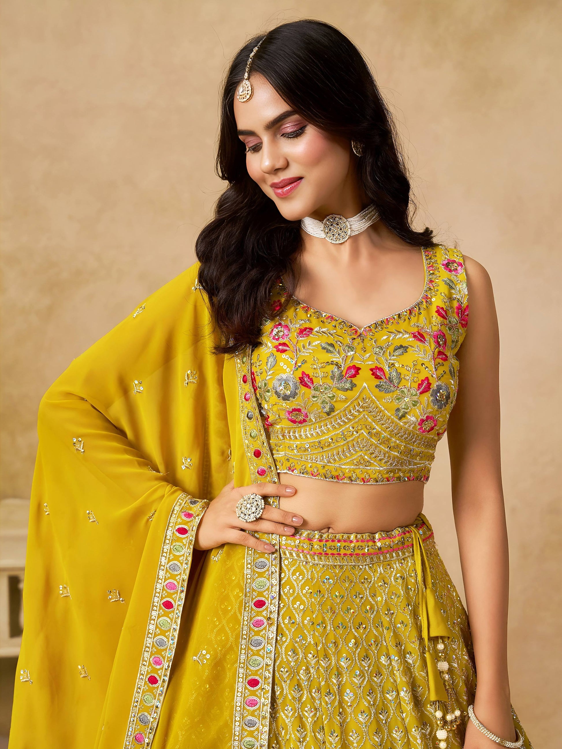 Incredible Yellow Embroidered Georgette Haldi Wear Lehenga Choli With Dupatta