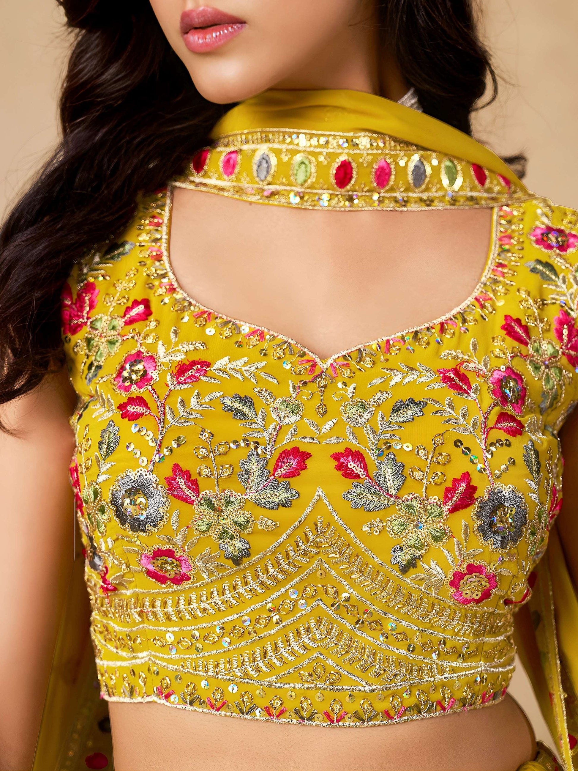 Incredible Yellow Embroidered Georgette Haldi Wear Lehenga Choli With Dupatta