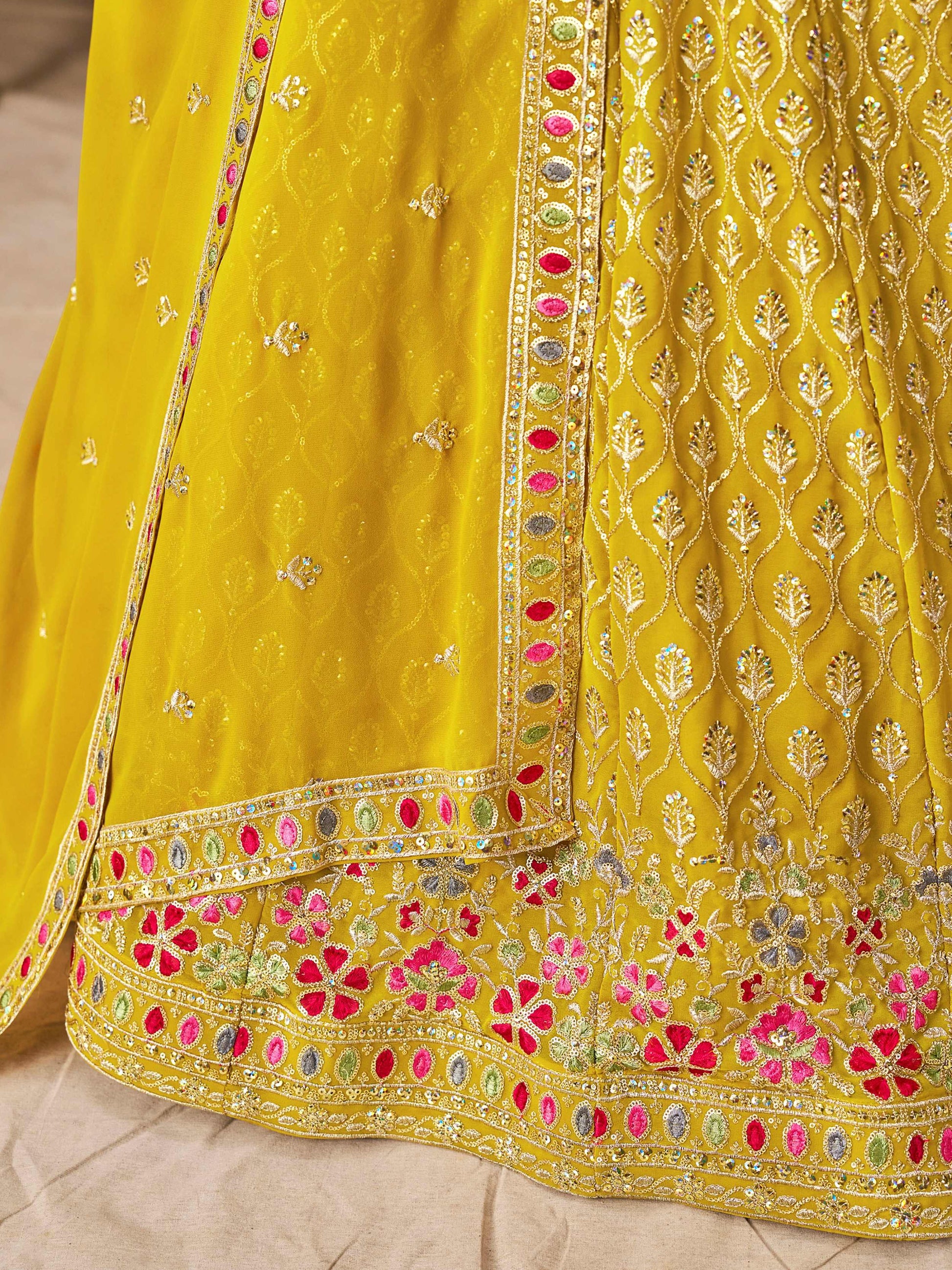 Incredible Yellow Embroidered Georgette Haldi Wear Lehenga Choli With Dupatta