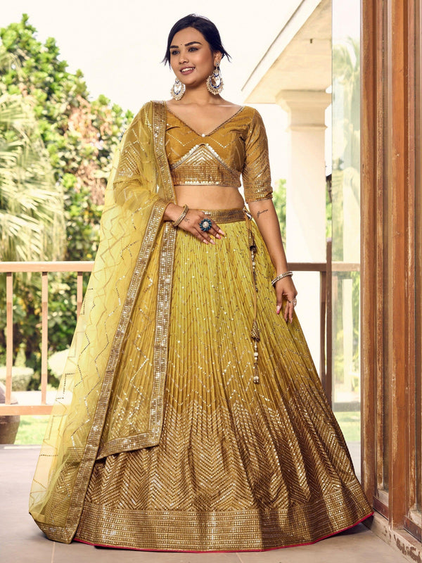 Incredible Yellow Sequins Chinon Haldi Wear Lehenga Choli With Dupatta