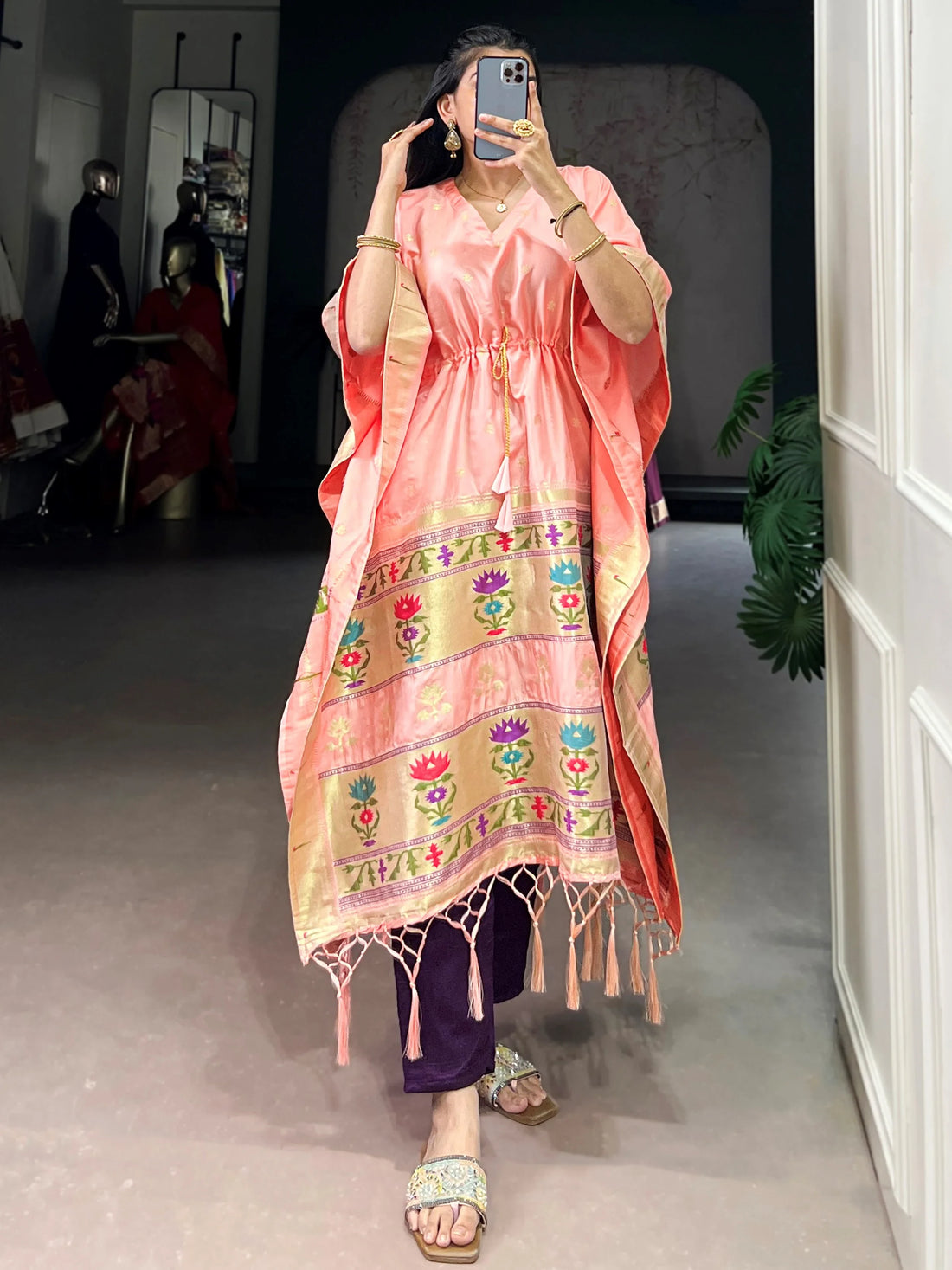 Interesting Peach Zari Weaving Jacquard Marriage Wear Kaftan
