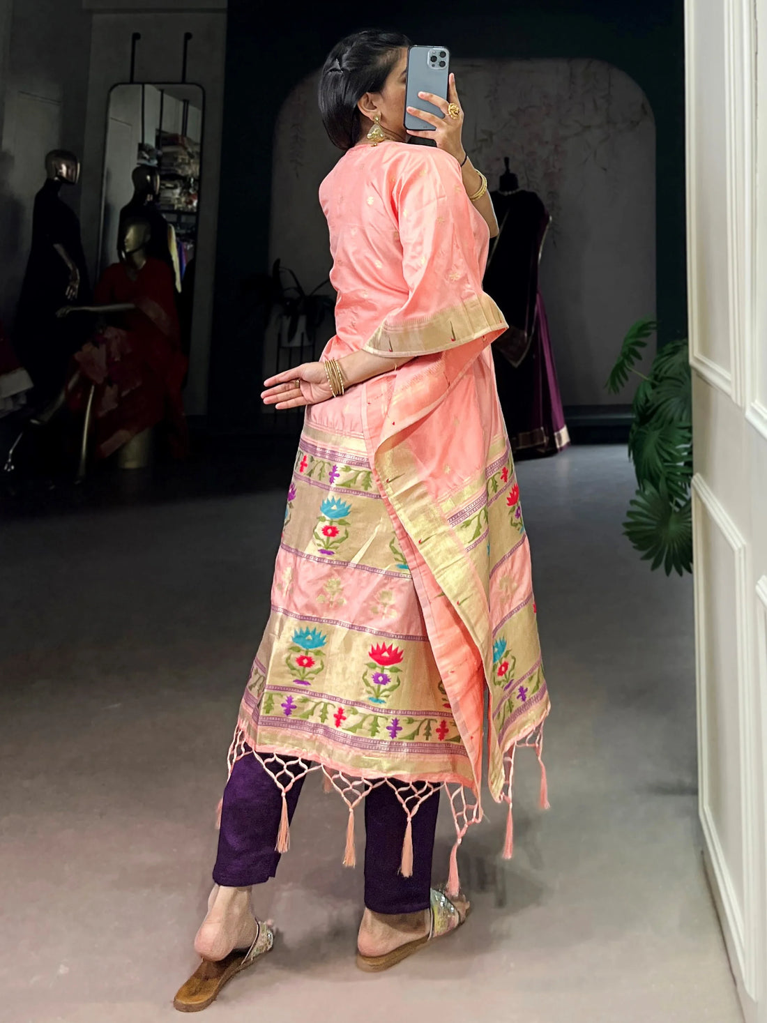 Interesting Peach Zari Weaving Jacquard Marriage Wear Kaftan