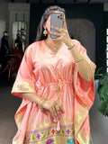 Interesting Peach Zari Weaving Jacquard Marriage Wear Kaftan