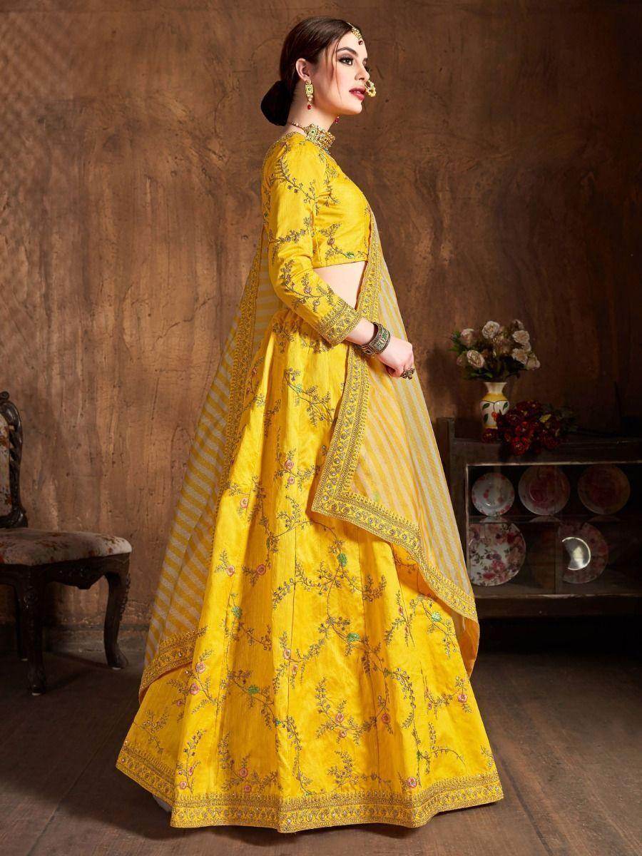 Interesting Yellow Embroidered Mulberry Silk Haldi Wear Lehenga Choli - Zeel Clothing