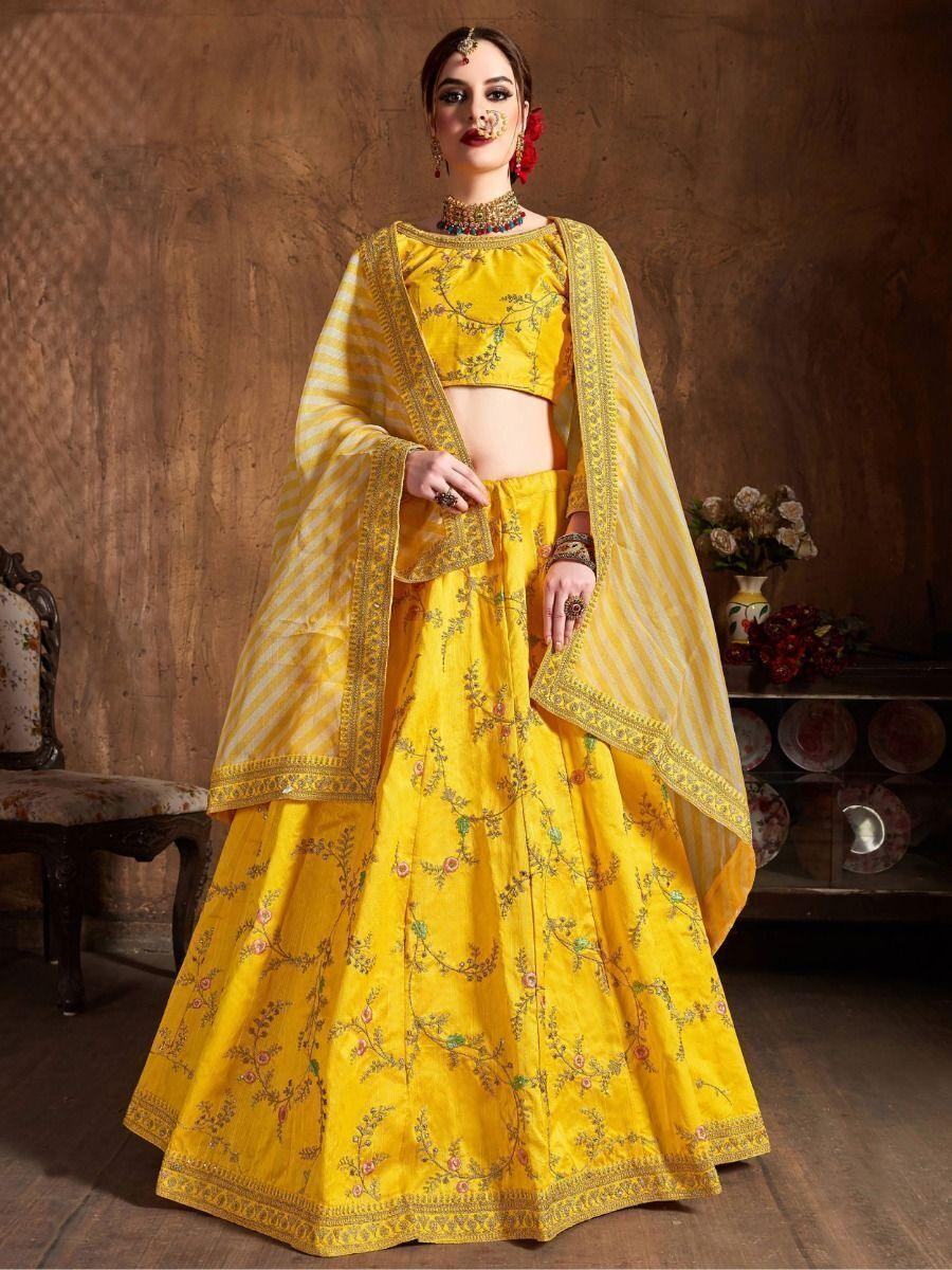 Interesting Yellow Embroidered Mulberry Silk Haldi Wear Lehenga Choli