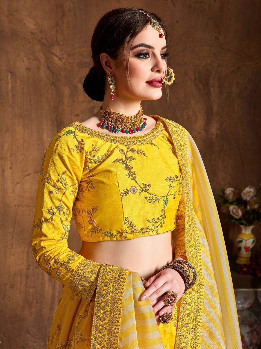Interesting Yellow Embroidered Mulberry Silk Haldi Wear Lehenga Choli - Zeel Clothing