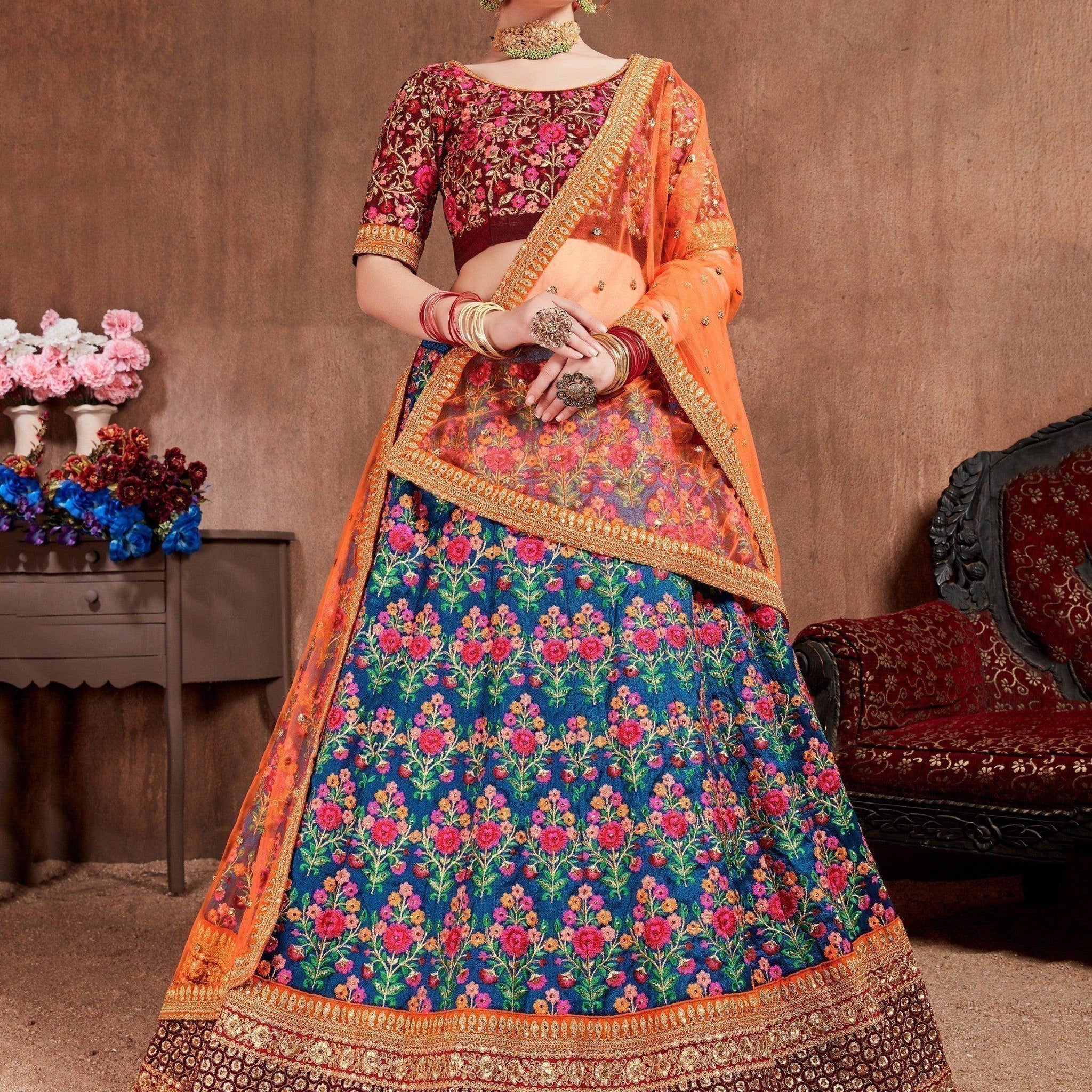 Intricate Blue Colored Bridal wear Embroidered Lehenga Choli - Zeel Clothing