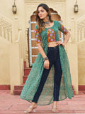 Intricate Green Kutchi Patch Work Georgette Navratri Special Front Slit Kurti - Zeel Clothing