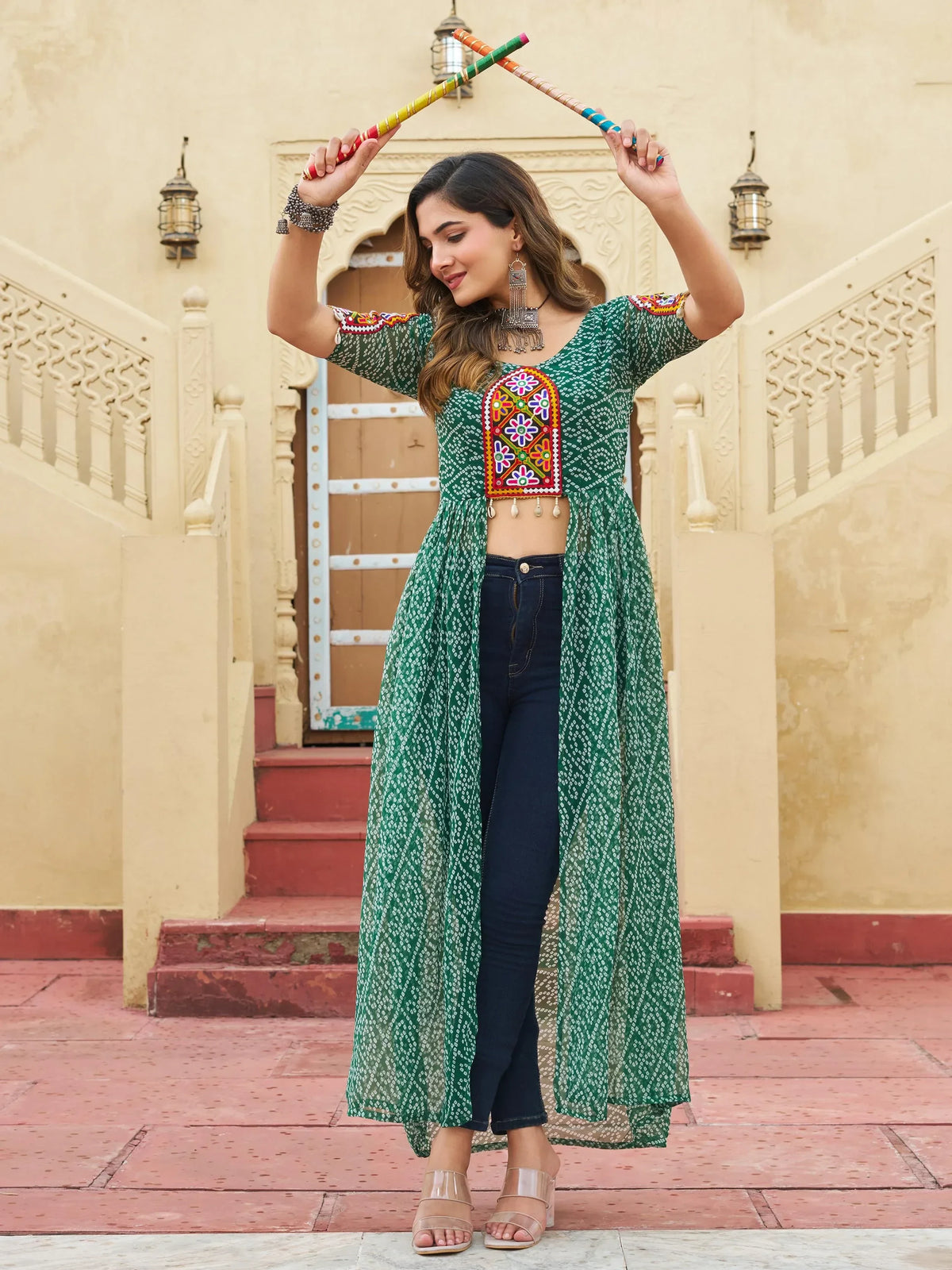 Intricate Green Kutchi Patch Work Georgette Navratri Special Front Slit Kurti - Zeel Clothing