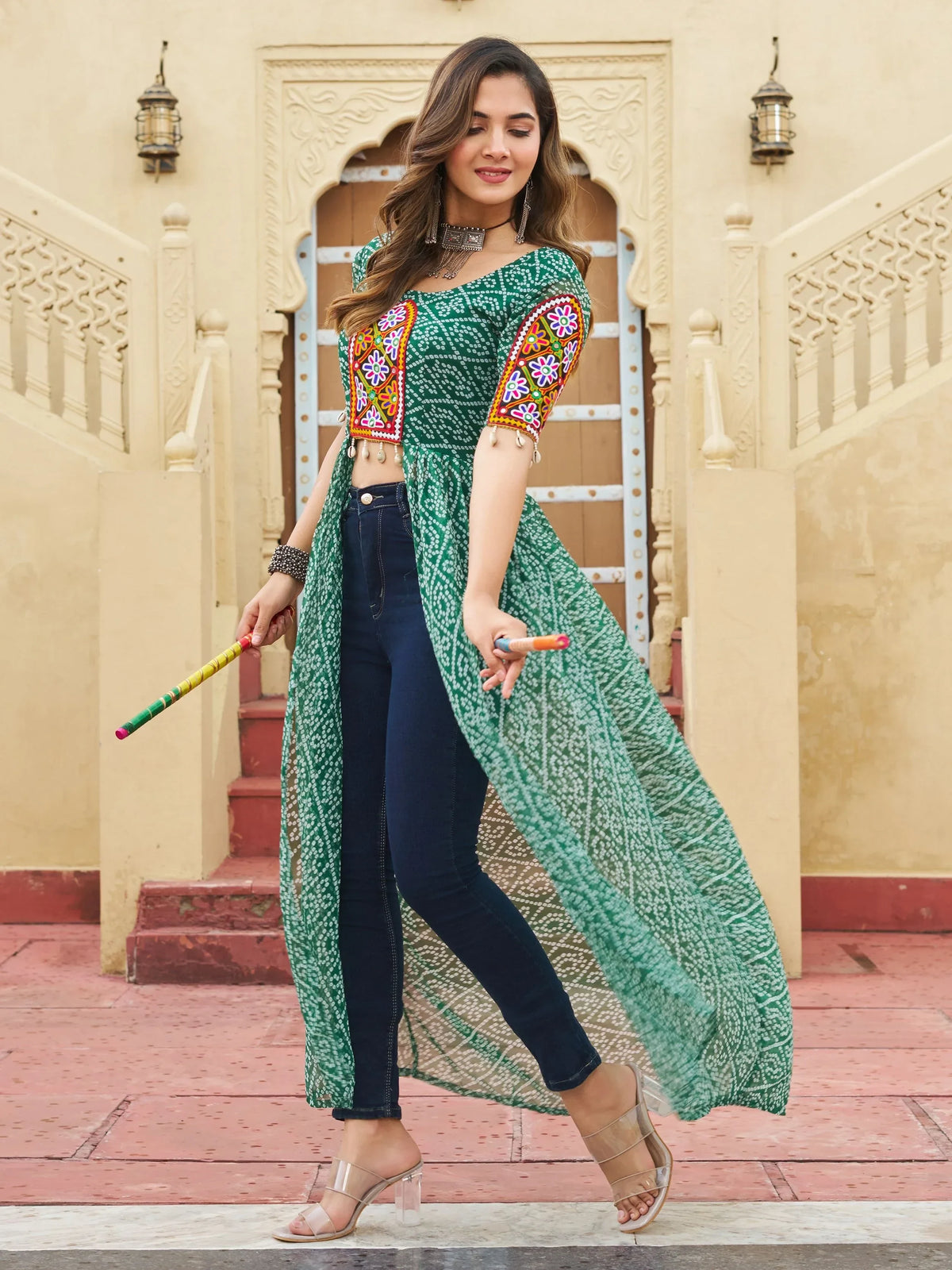 Intricate Green Kutchi Patch Work Georgette Navratri Special Front Slit Kurti - Zeel Clothing