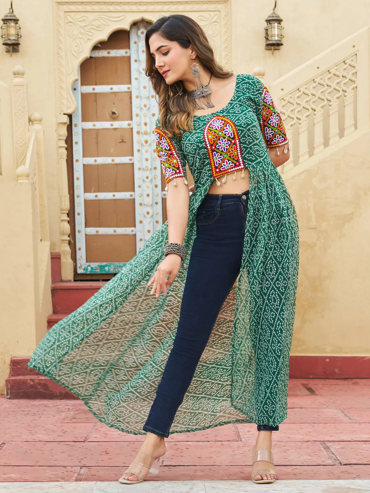 Intricate Green Kutchi Patch Work Georgette Navratri Special Front Slit Kurti - Zeel Clothing