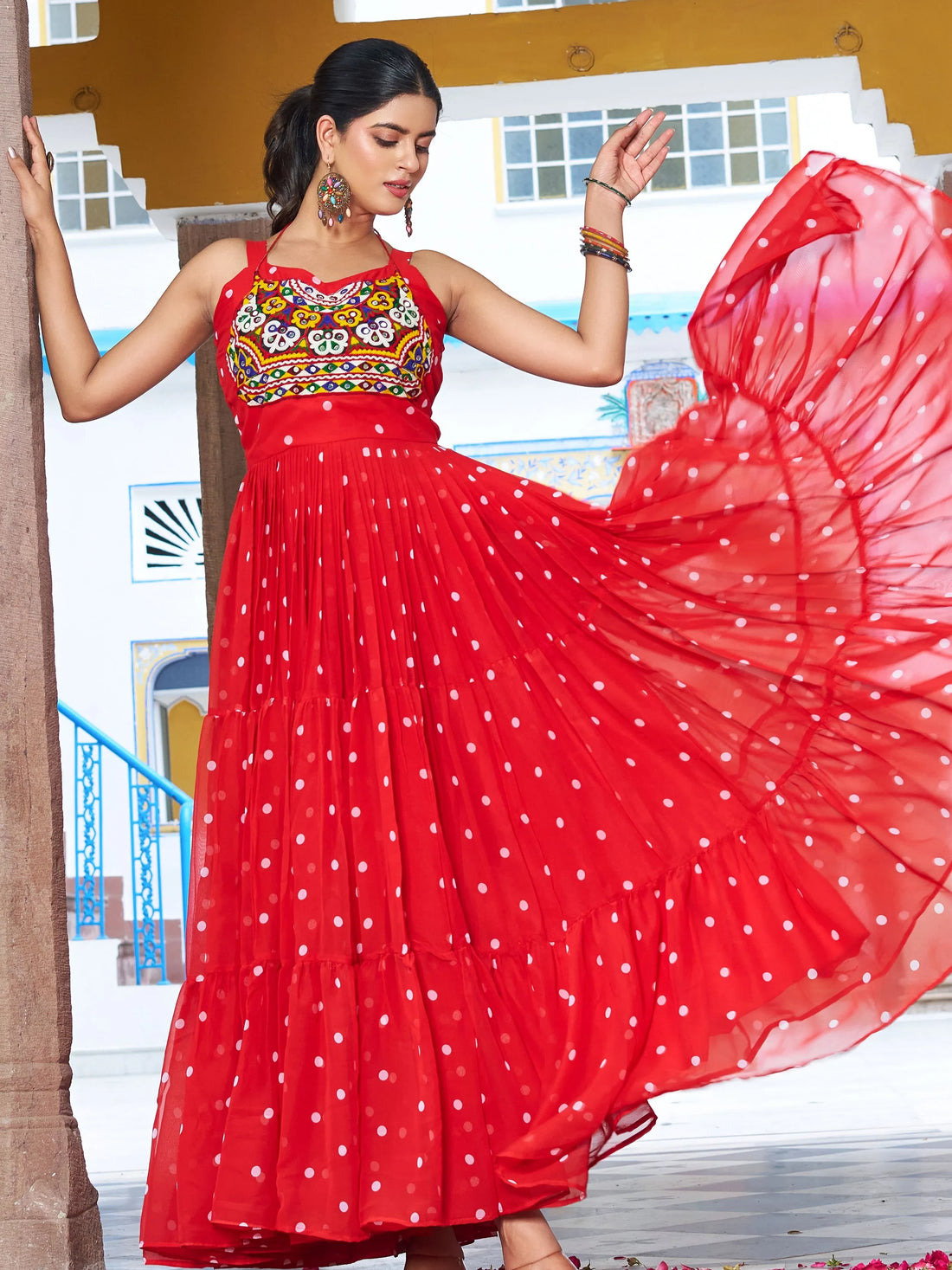 Intricate Red Gamthi Work Georgette Navratri Special Gown - Zeel Clothing