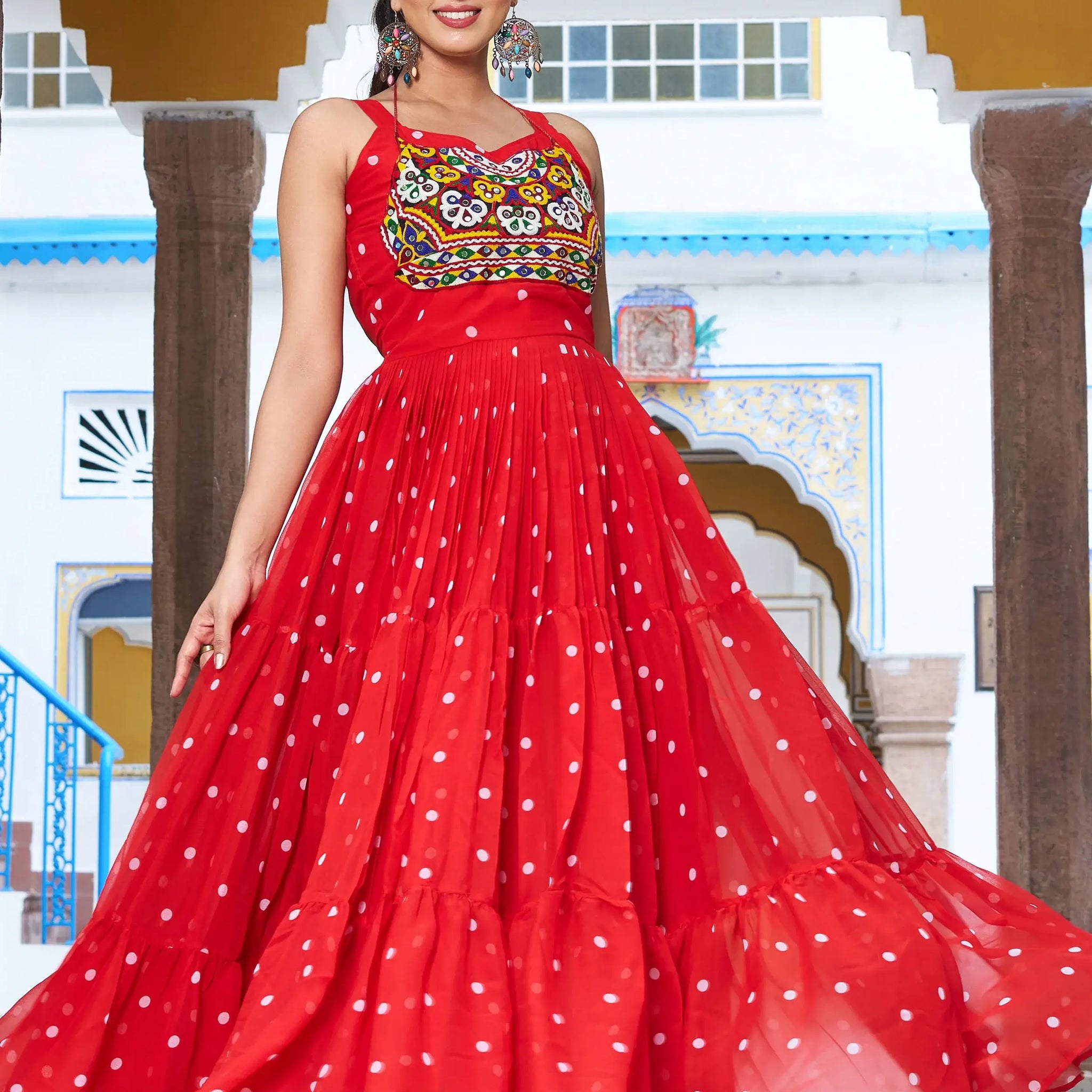 Intricate Red Gamthi Work Georgette Navratri Special Gown - Zeel Clothing