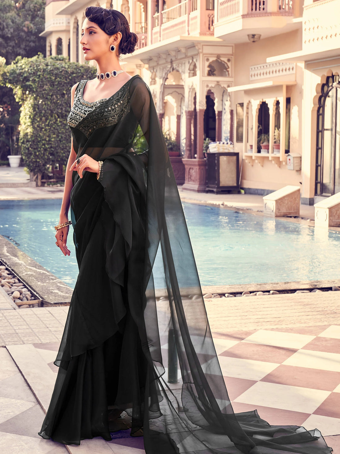 Inviting Black Sequins Work Georgette Party Wear Saree With Blouse - Zeel Clothing