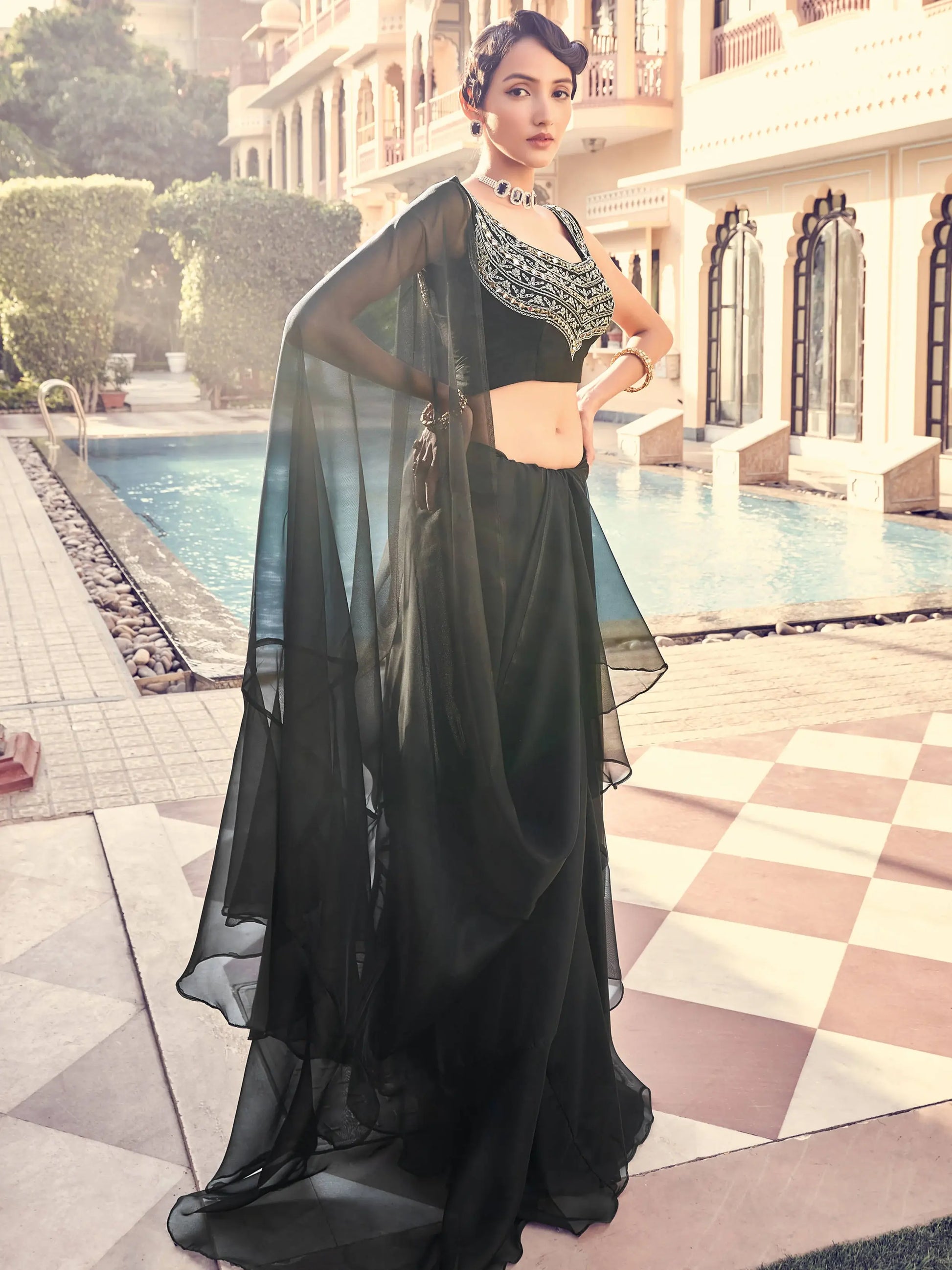 Inviting Black Sequins Work Georgette Party Wear Saree With Blouse - Zeel Clothing