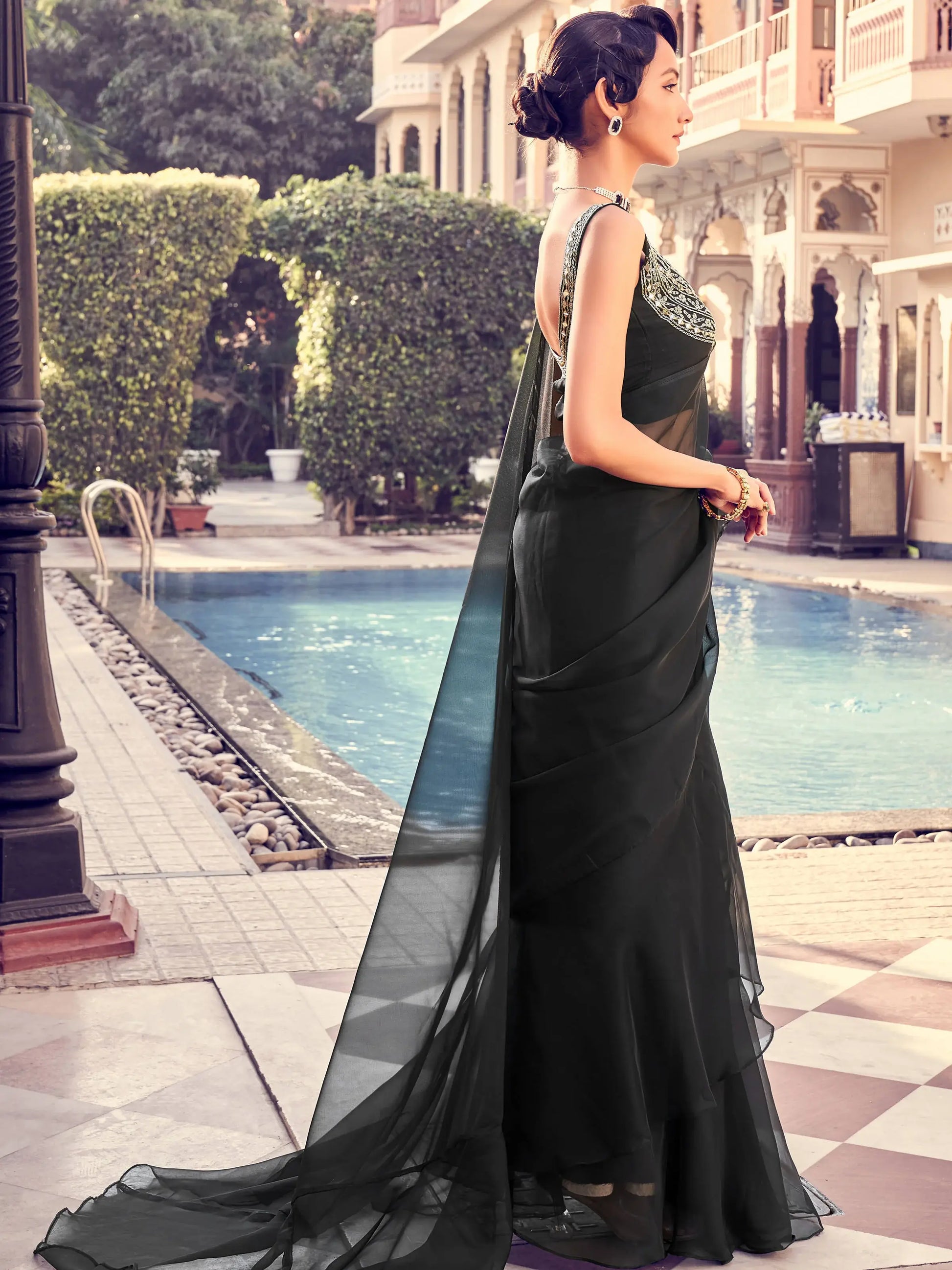 Inviting Black Sequins Work Georgette Party Wear Saree With Blouse - Zeel Clothing