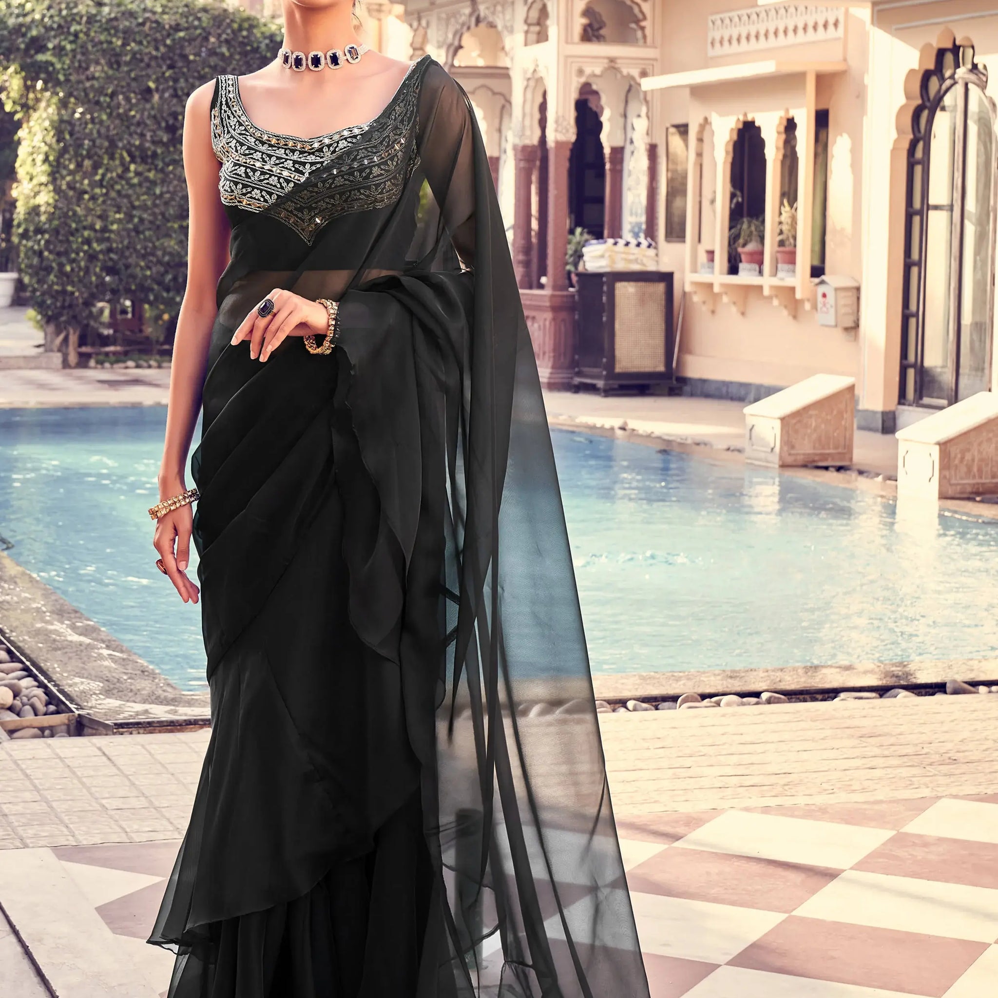 Inviting Black Sequins Work Georgette Party Wear Saree With Blouse - Zeel Clothing