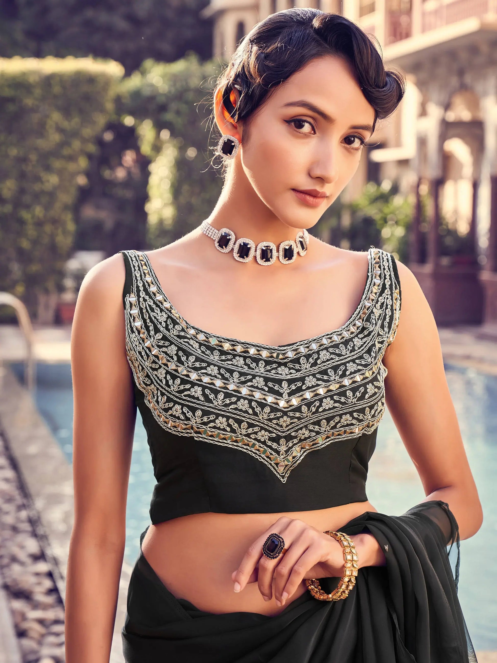 Inviting Black Sequins Work Georgette Party Wear Saree With Blouse - Zeel Clothing