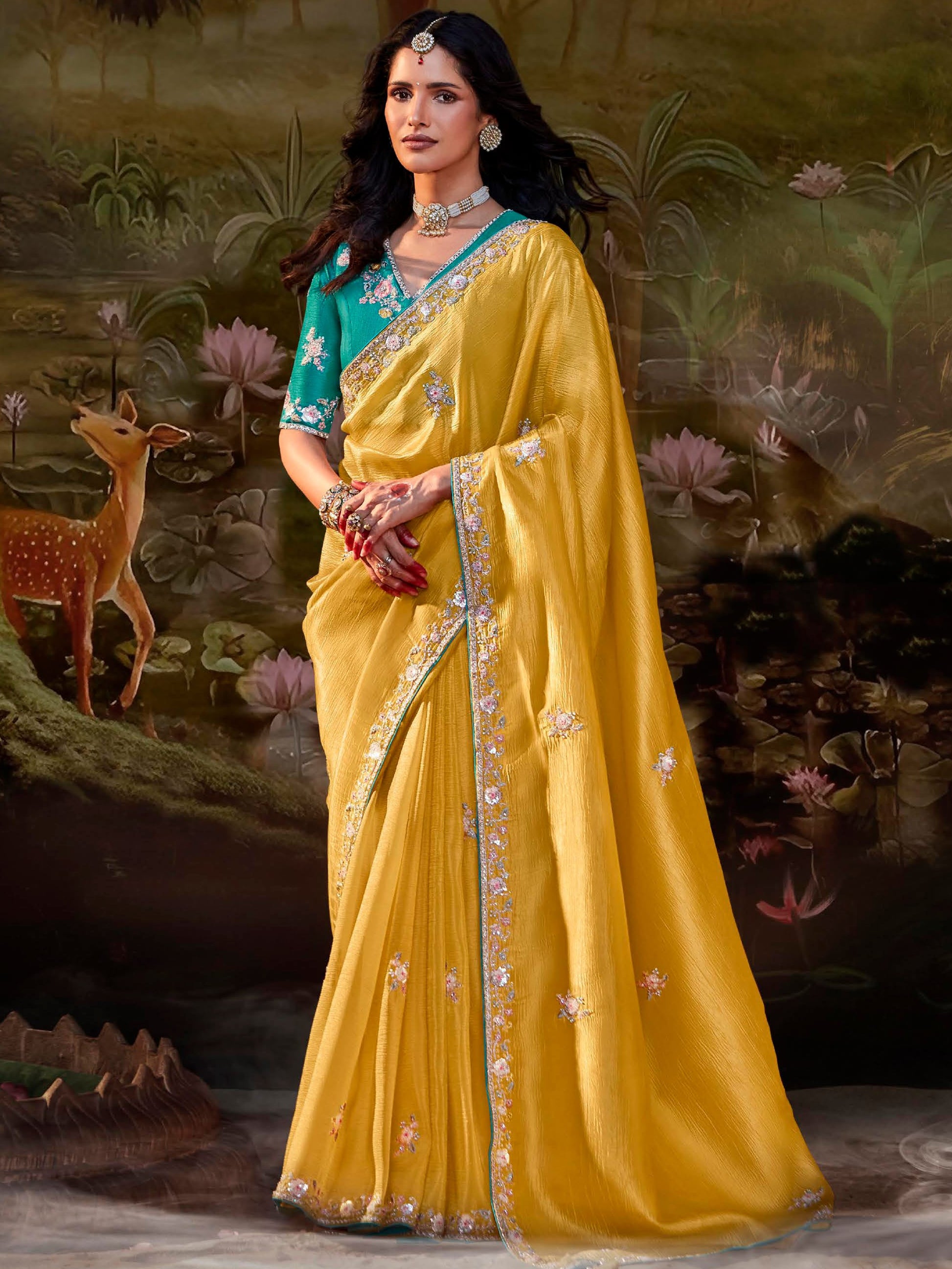 Gorgeous Yellow Sequins Organza Haldi Wear Saree With Blouse