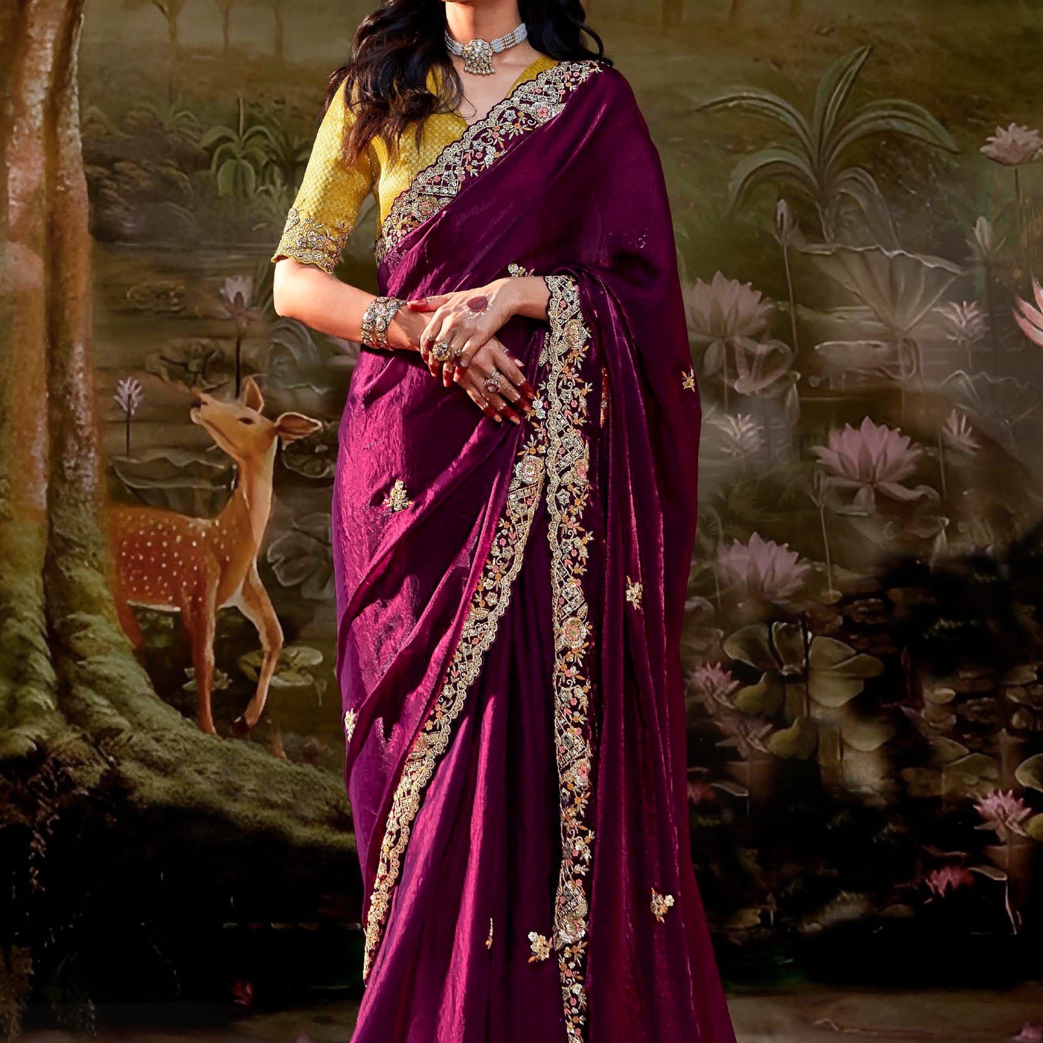 Fascinating Wine Embroidered Organza Wedding Saree With Blouse